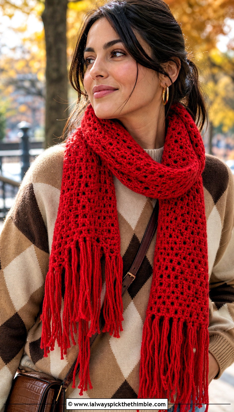 Fringed Red Crochet Scarf With Argyle Sweater - 20 taylor swift red crochet scarf outfit ideas