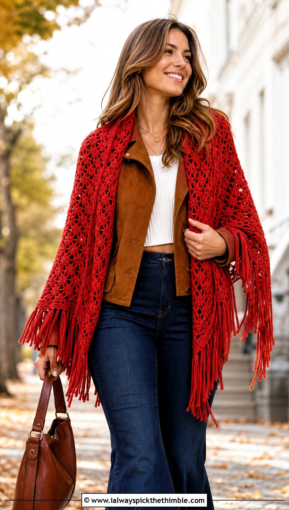 Fringed Red Crochet Shawl With Suede Jacket And Flared Jeans - 15 red crochet shawl outfit ideas