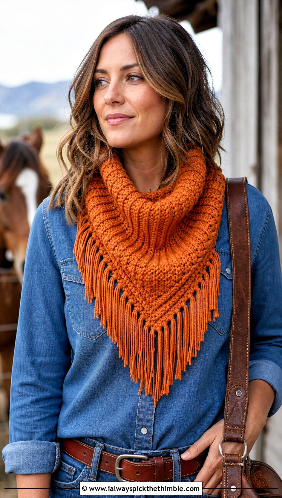 Fringed Ribbed Cowl With Western Denim Shirt - 20 Crochet Ribbed Cowl outfit ideas