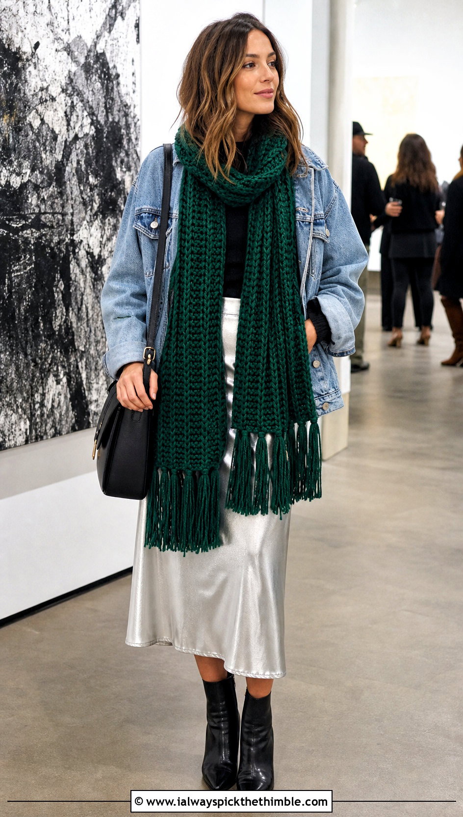 Fringed Ribbed Crochet Scarf With Metallic Skirt - 15 unusual crochet scarf outfit ideas