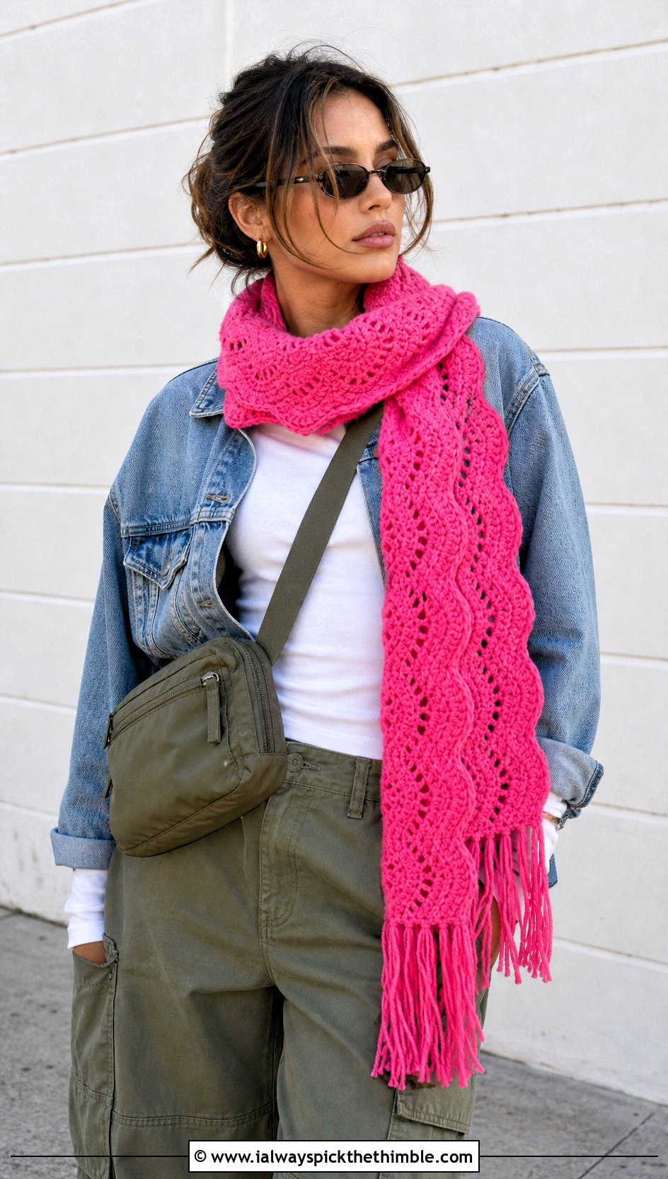 Fringed Ripple Stitch Crochet Scarf With Denim Jacket And Cargo Pants - 15 ripple stitch crochet scarf outfit ideas