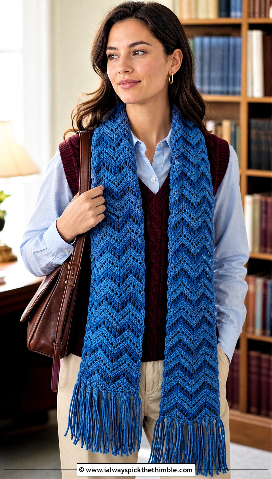 Fringed Ripple Zig Zag Crochet Scarf With Sweater Vest - 20 Zig Zag Crochet Scarf outfit ideas