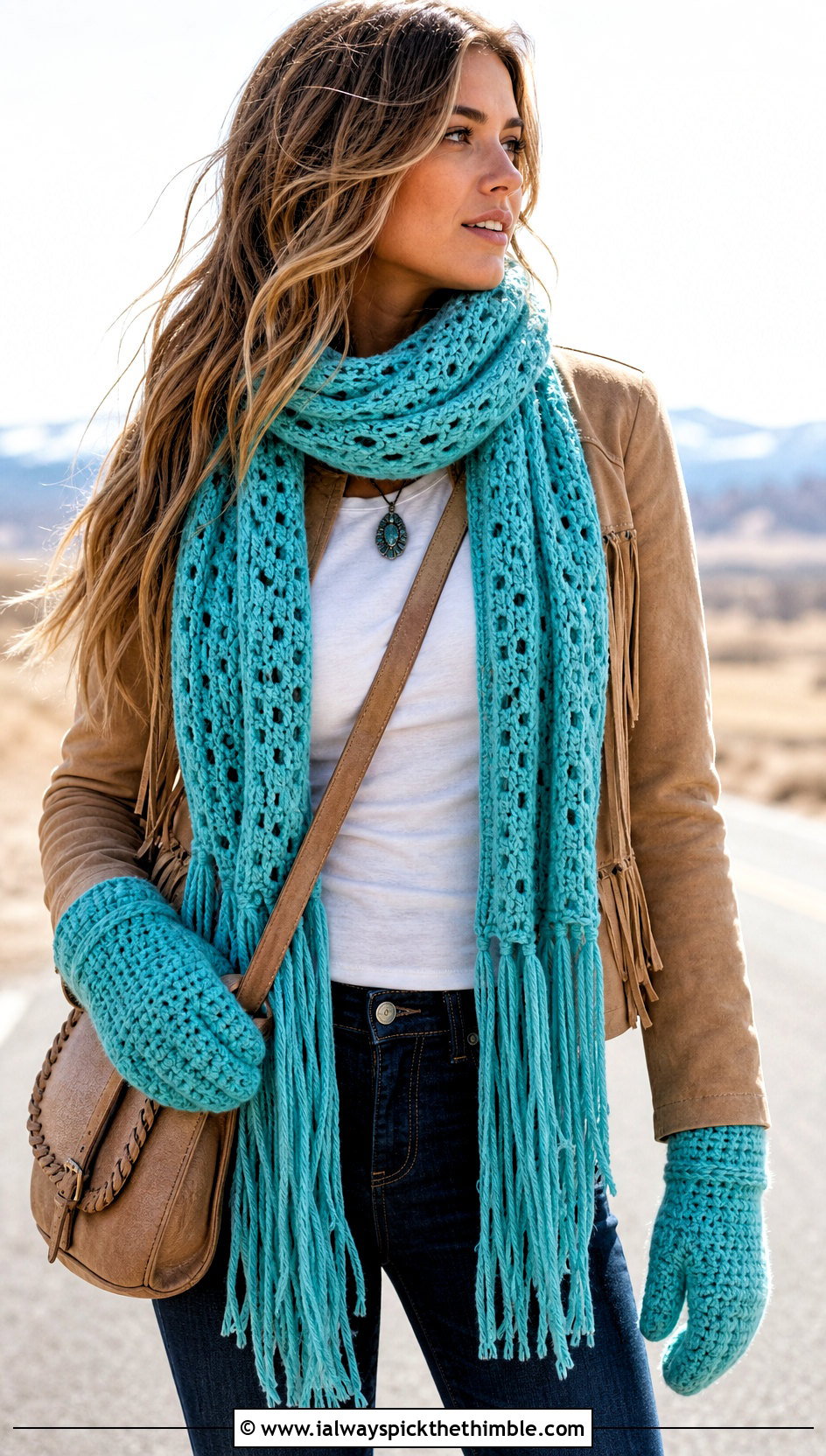 Fringed Scarf And Mittens With Western Jacket - 15 Crochet Scarf And Mittens Set outfit ideas