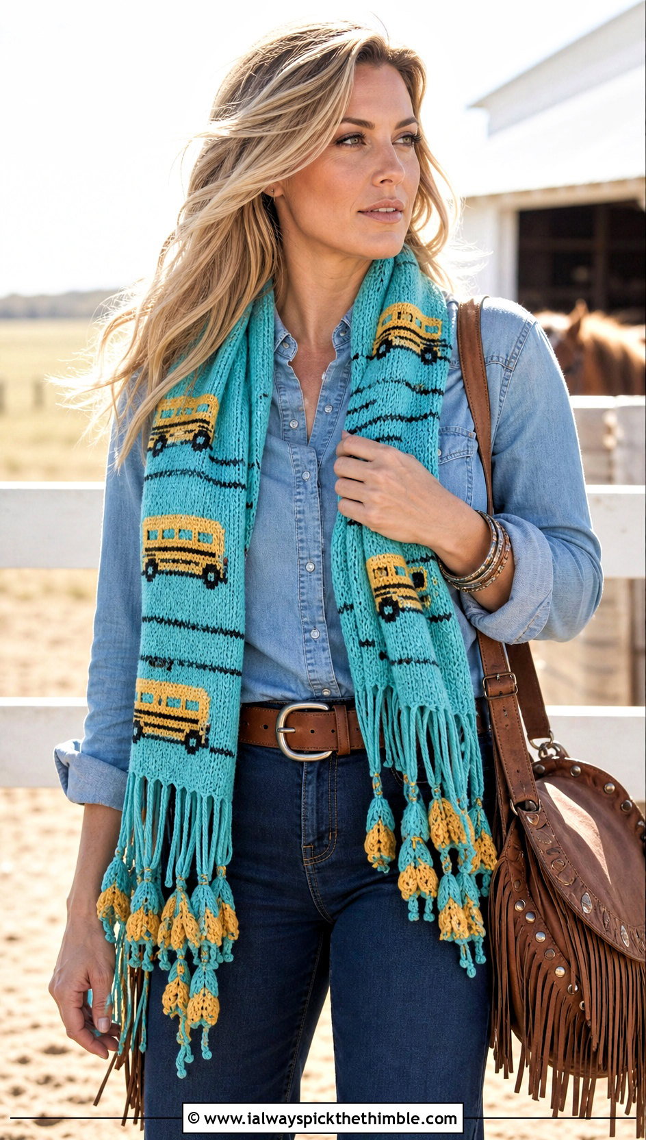 Fringed School Bus Scarf With Western Denim Outfit - 20 Crochet School Bus Scarf outfit ideas