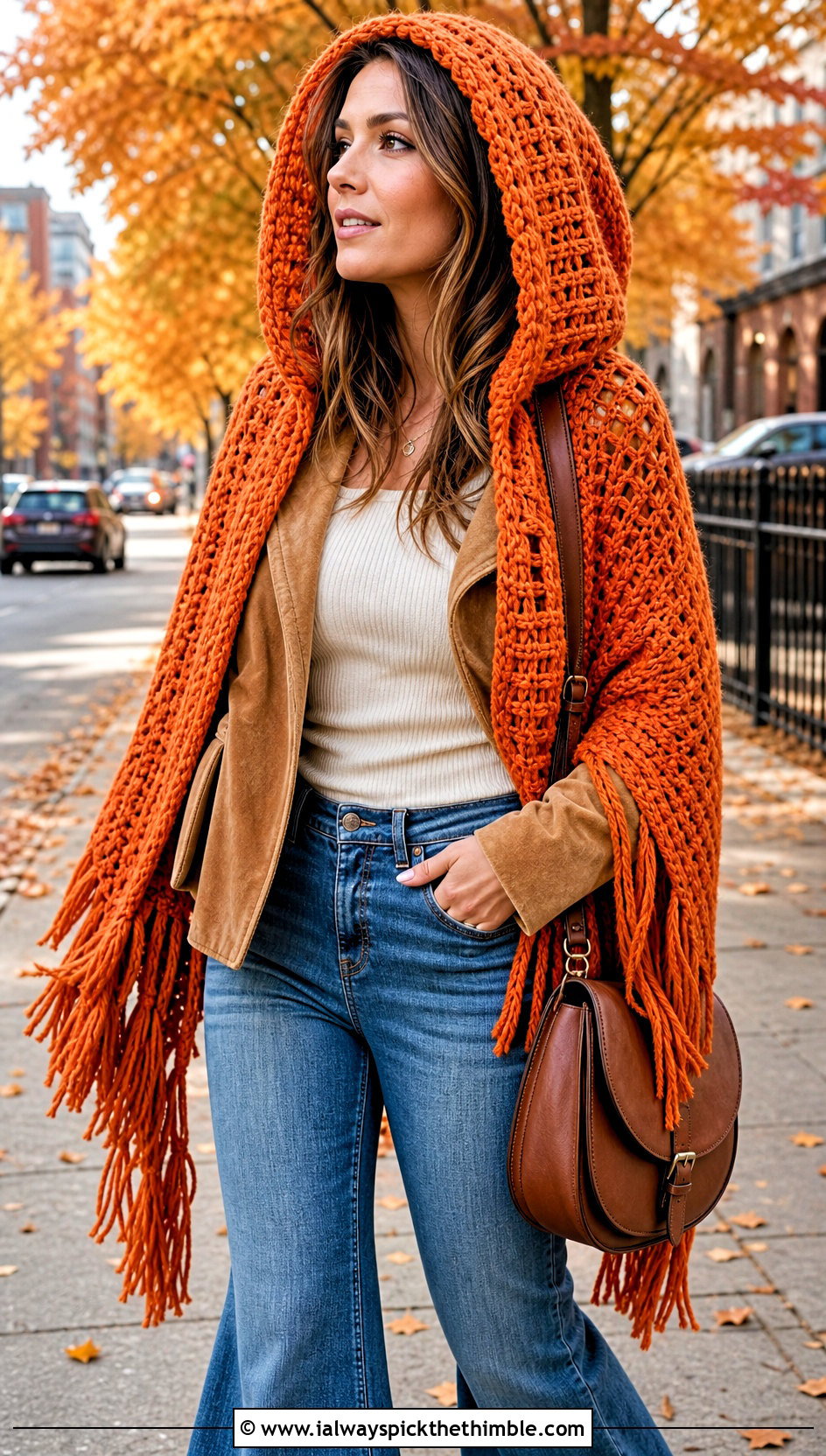 Fringed Scoodie With Suede Jacket And Flared Jeans - 20 Crochet Hoodie Scarf outfit ideas