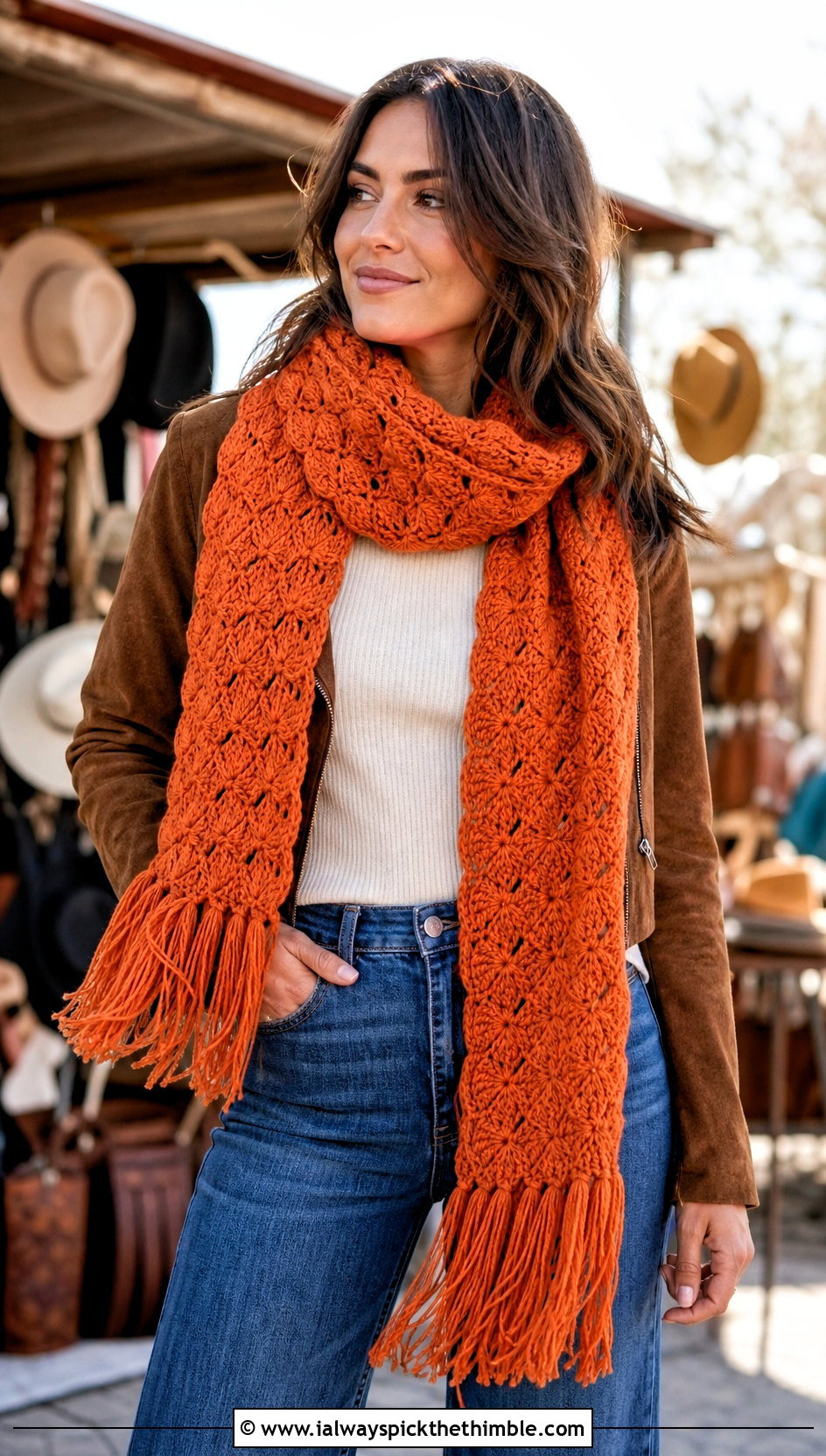 Fringed Shell Stitch Scarf With Suede Jacket And Flare Jeans - 20 Shell Crochet Scarf outfit ideas