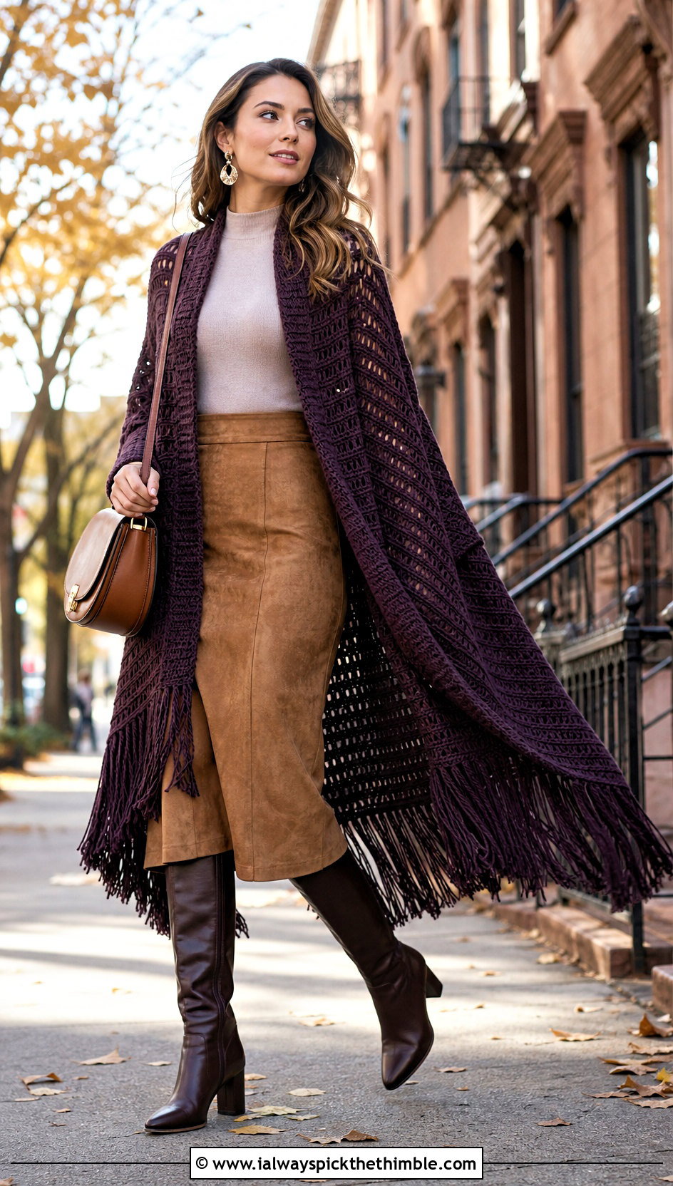 Fringed Side To Side Crochet Cardigan With Suede Midi Skirt - 20 Side To Side Crochet Cardigan outfit ideas