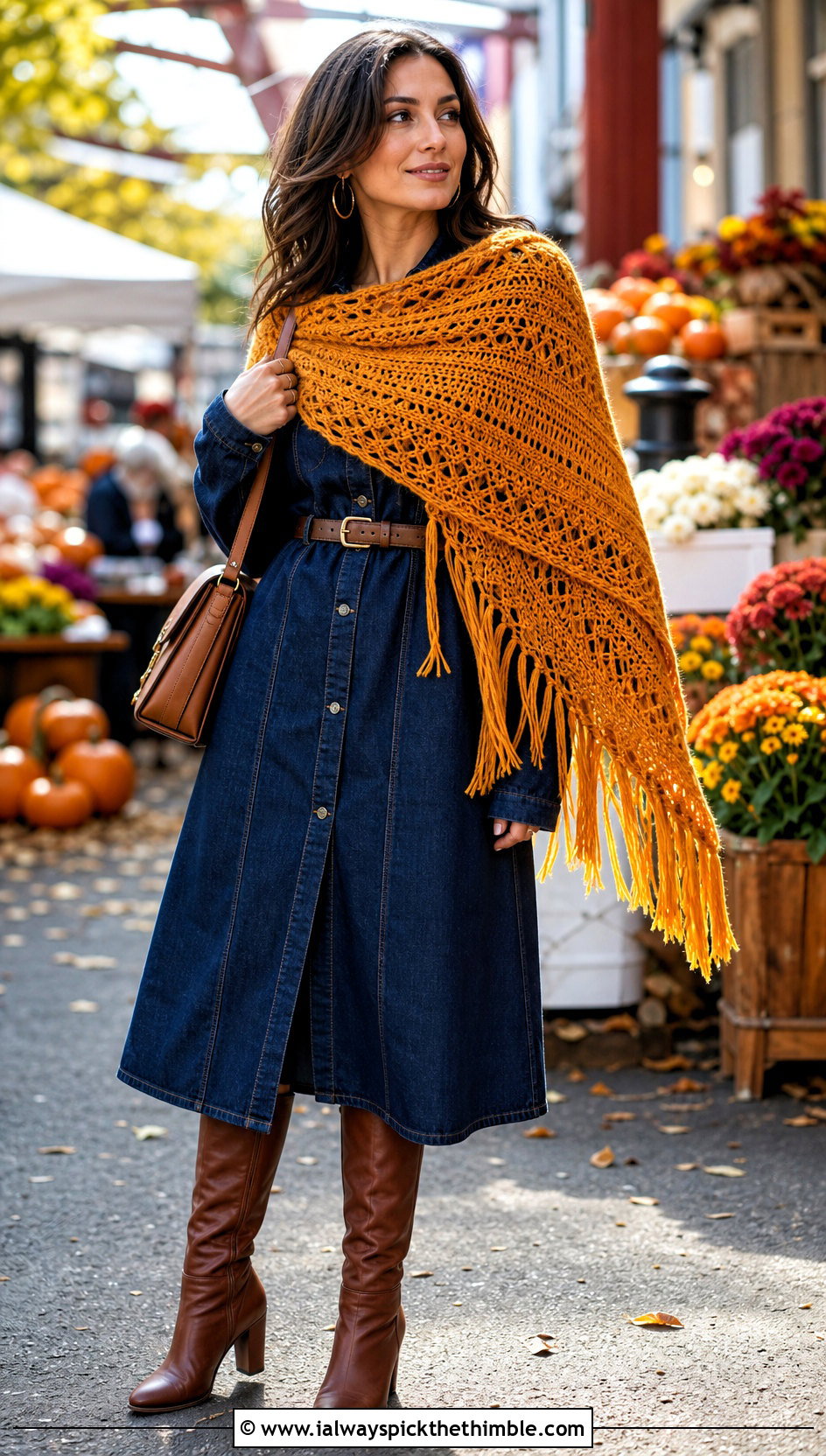 Fringed Sideways Crochet Shawl With Denim Dress And Boots - 20 Sideways Crochet Shawl outfit ideas