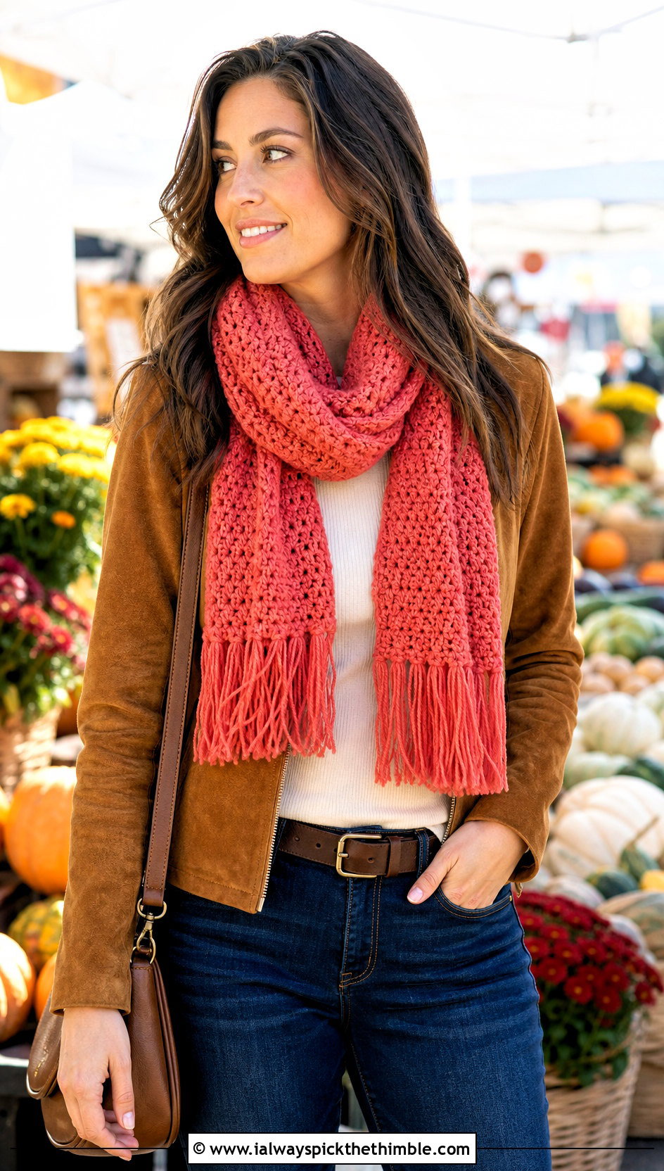 Fringed Single Crochet Scarf With Suede Jacket - 20 Single Crochet Scarf outfit ideas