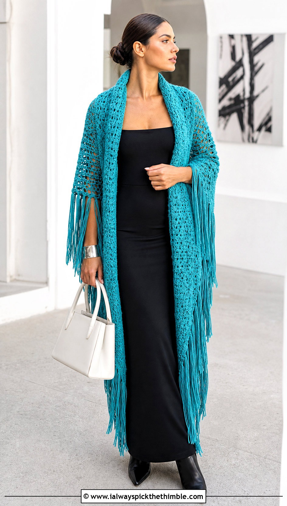 Fringed Sleeve Scarf With Column Maxi Skirt - 20 crochet scarf with arms outfit ideas