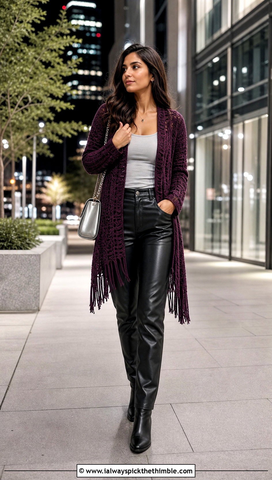 Fringed Slouchy Crochet Cardigan With Leather Pants - 20 Slouchy Crochet Cardigan outfit ideas