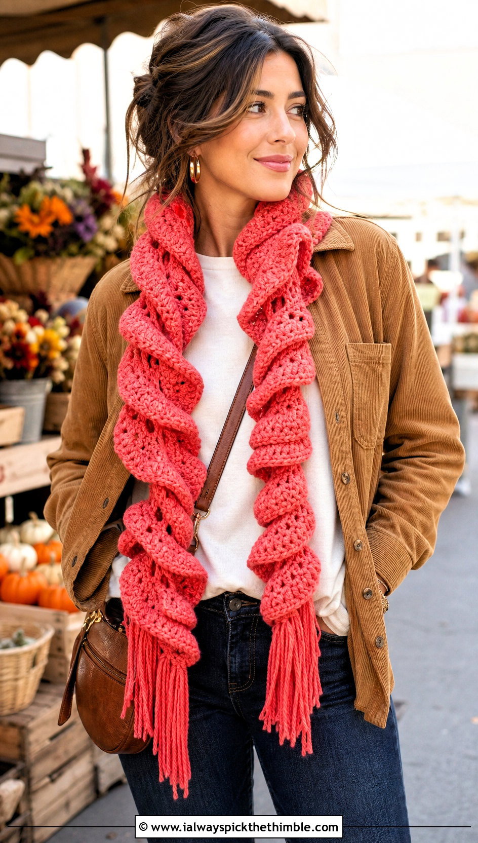 Fringed Spiral Crochet Scarf With Corduroy Overshirt - 15 easy spiral crochet scarf outfit ideas