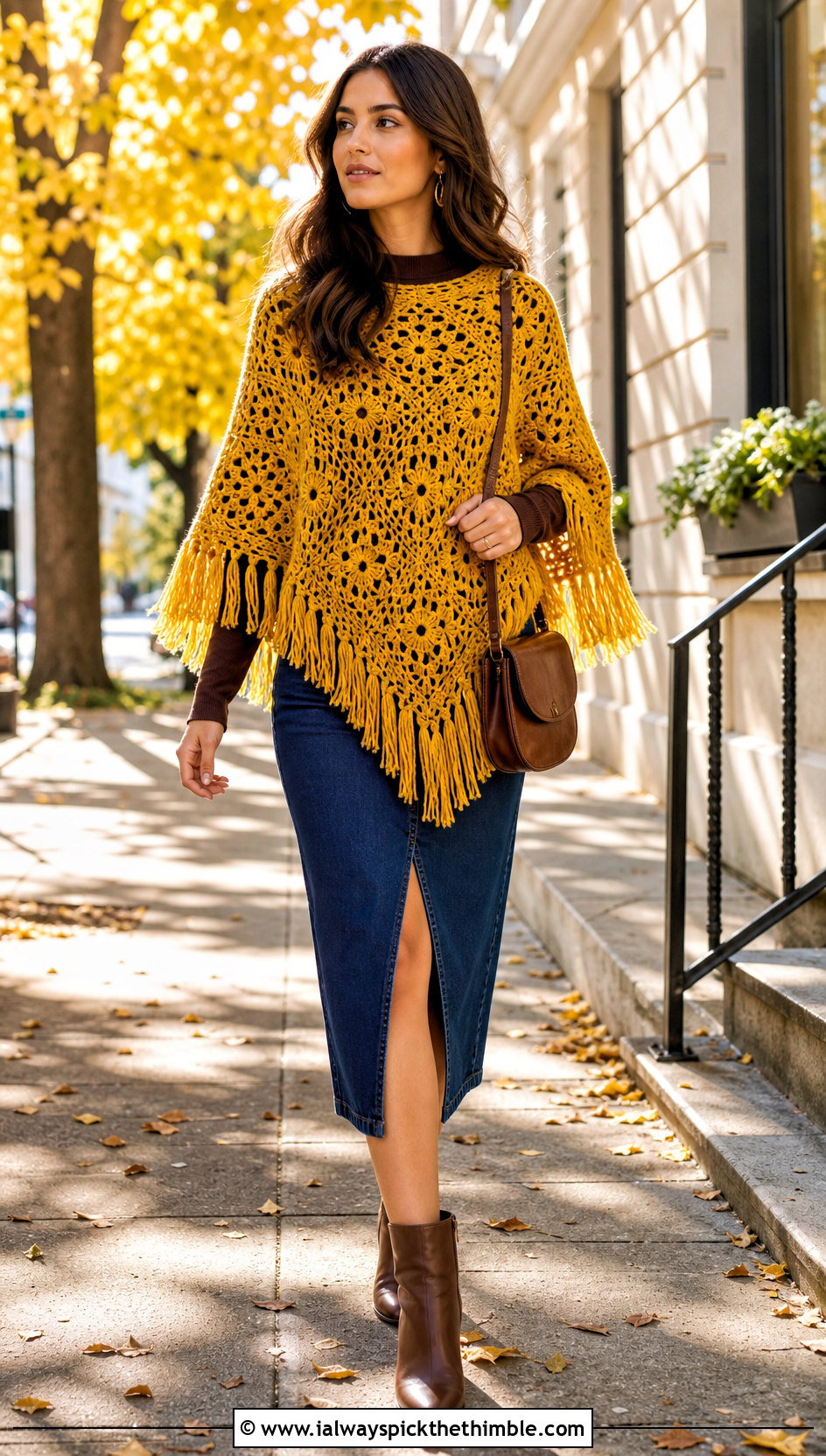 Fringed Square Poncho With Denim Midi Skirt - 20 crochet square poncho outfit ideas