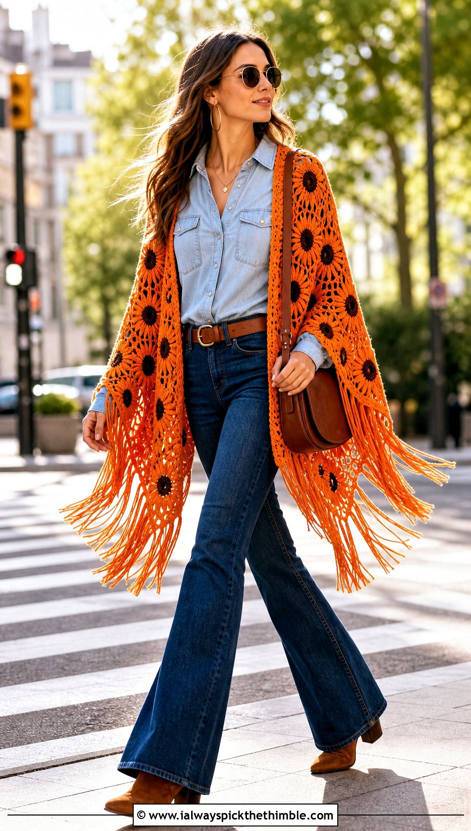 Fringed Sunflower Crochet Shawl With Denim Shirt And Flared Jeans - 20 Sunflower Crochet Shawl outfit ideas