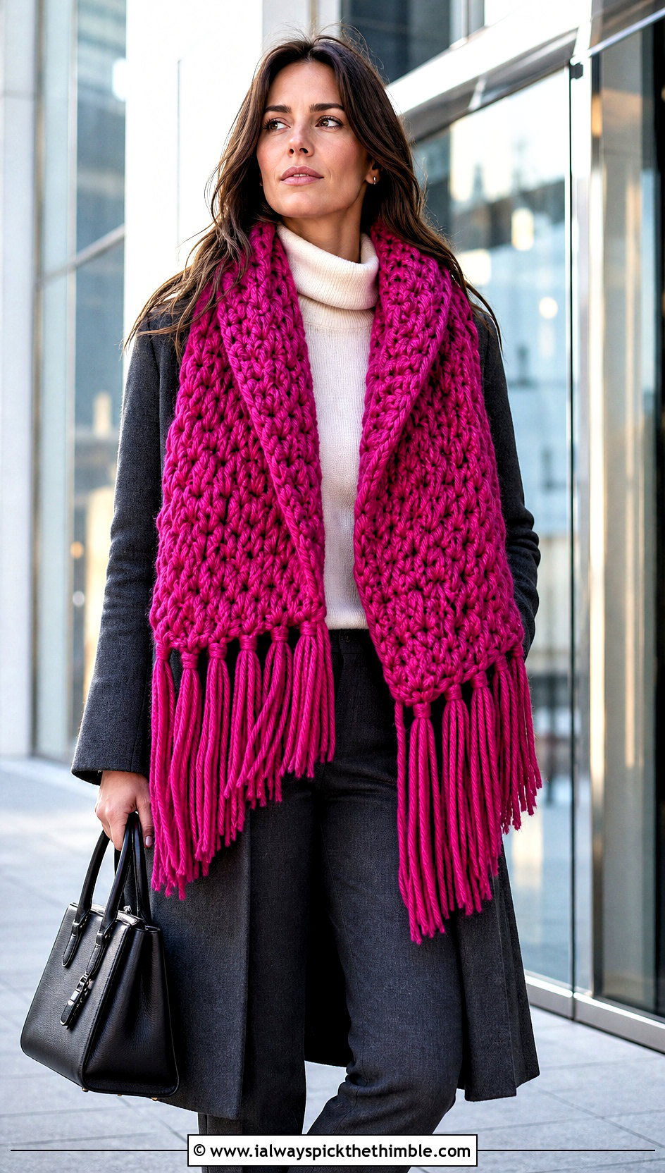 Fringed Super Chunky Crochet Scarf With Tailored Coat - 20 Super Chunky Crochet Scarf outfit ideas