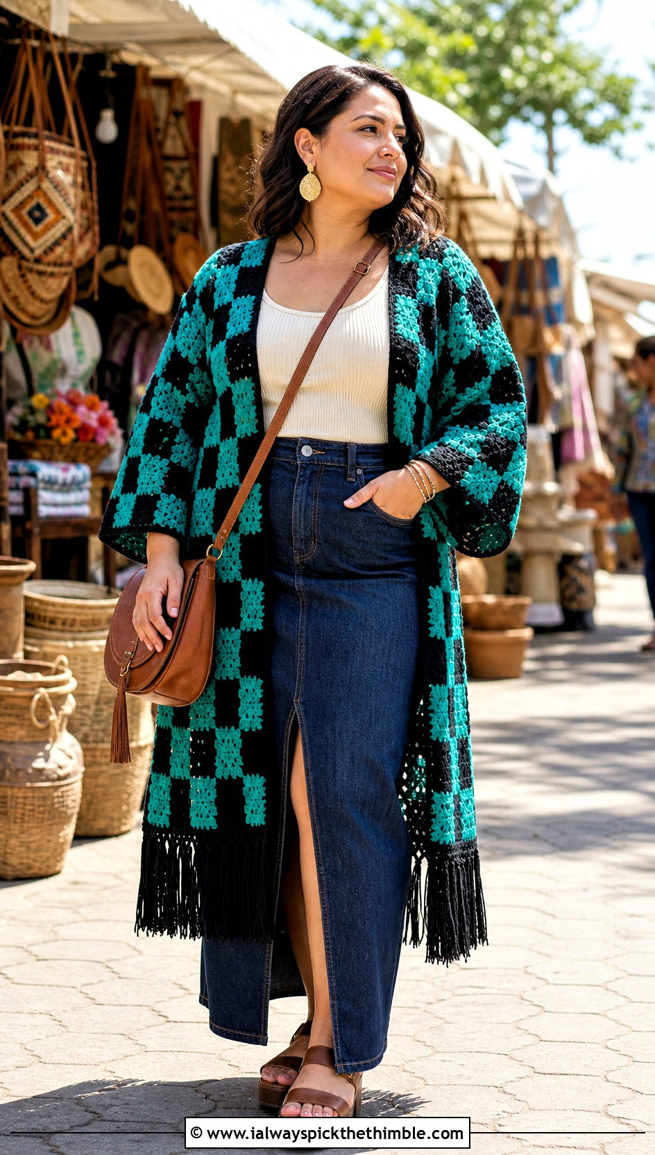 Fringed Tanjiro Crochet Kimono With Denim Maxi Skirt - 20 tanjiro crochet kimono outfit ideas
