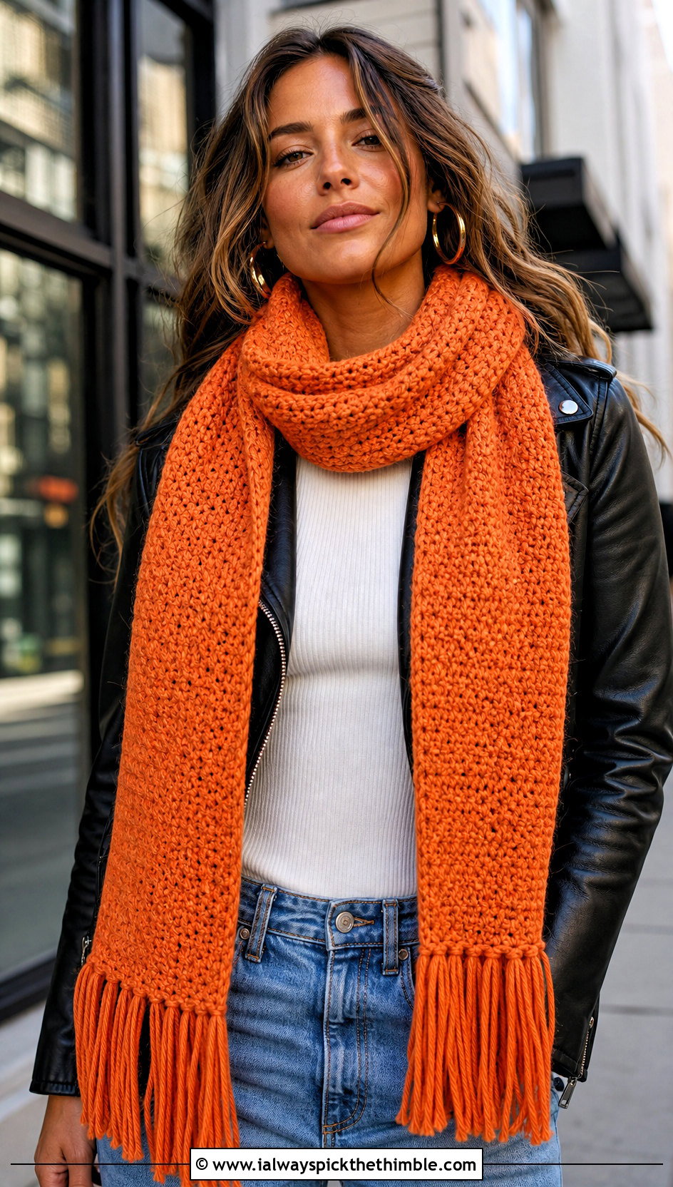 Fringed Thermal Stitch Crochet Scarf With Leather Jacket - 20 Thermal Stitch Crochet Scarf outfit ideas