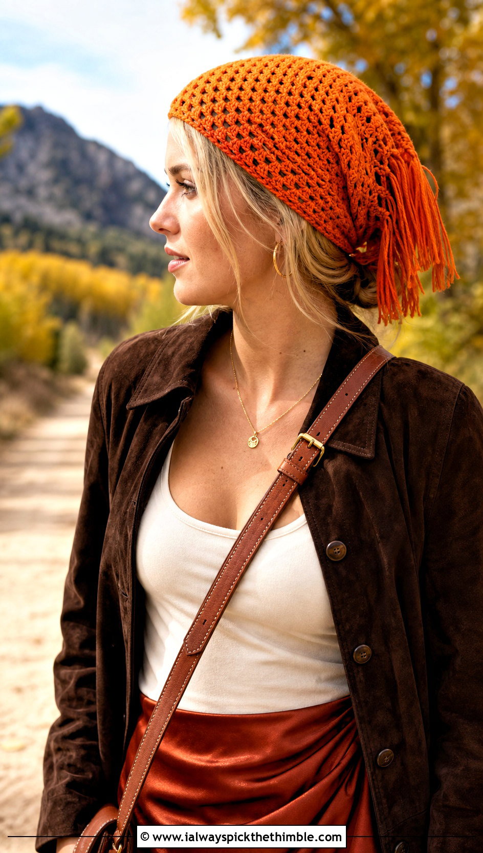 Fringed Triangle Bandana With Suede Jacket And Maxi Skirt - 20 crochet bandana hair scarf outfit ideas