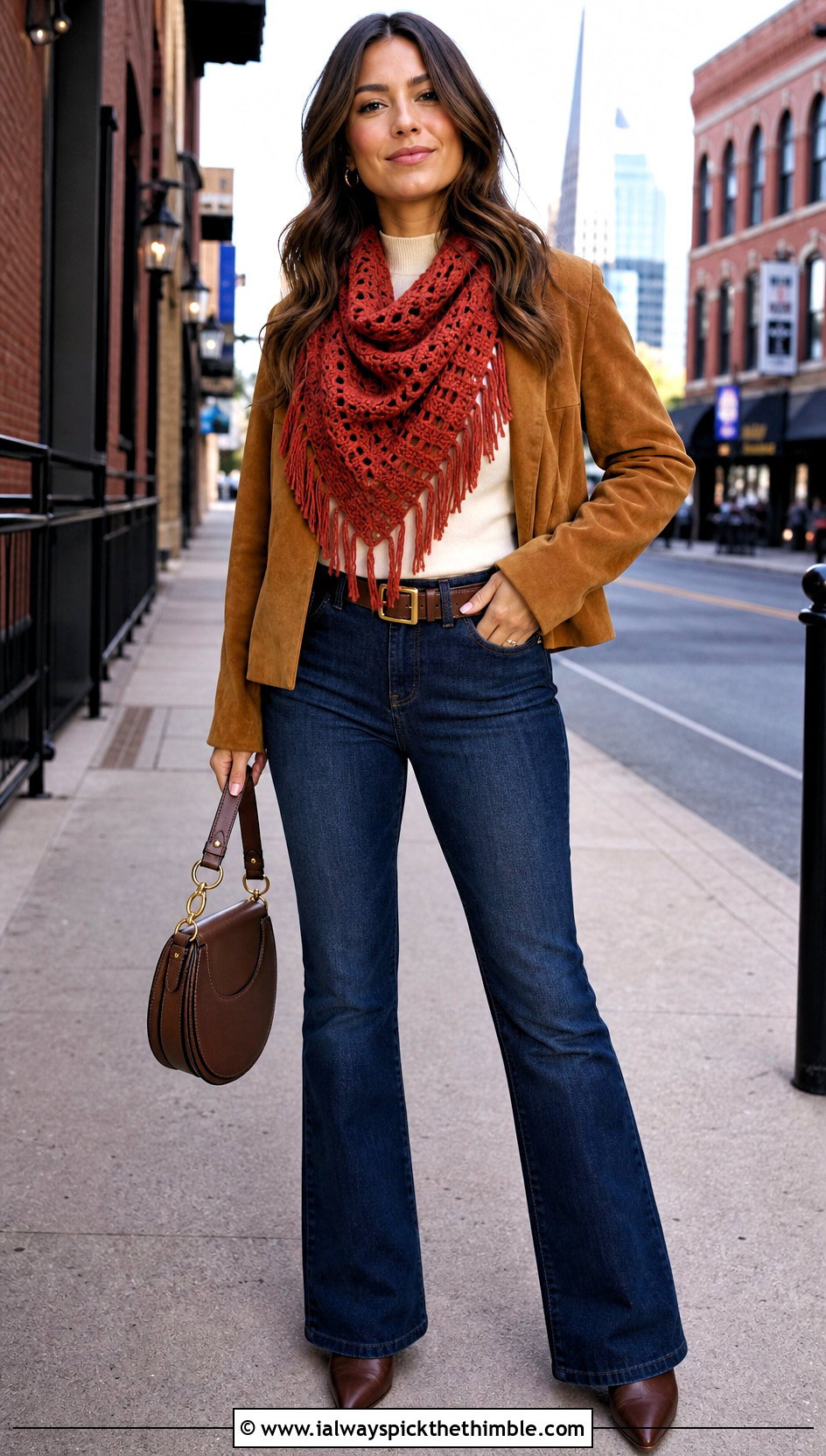 Fringed Triangle Cowl With Suede Jacket - 20 crochet triangle cowl outfit ideas