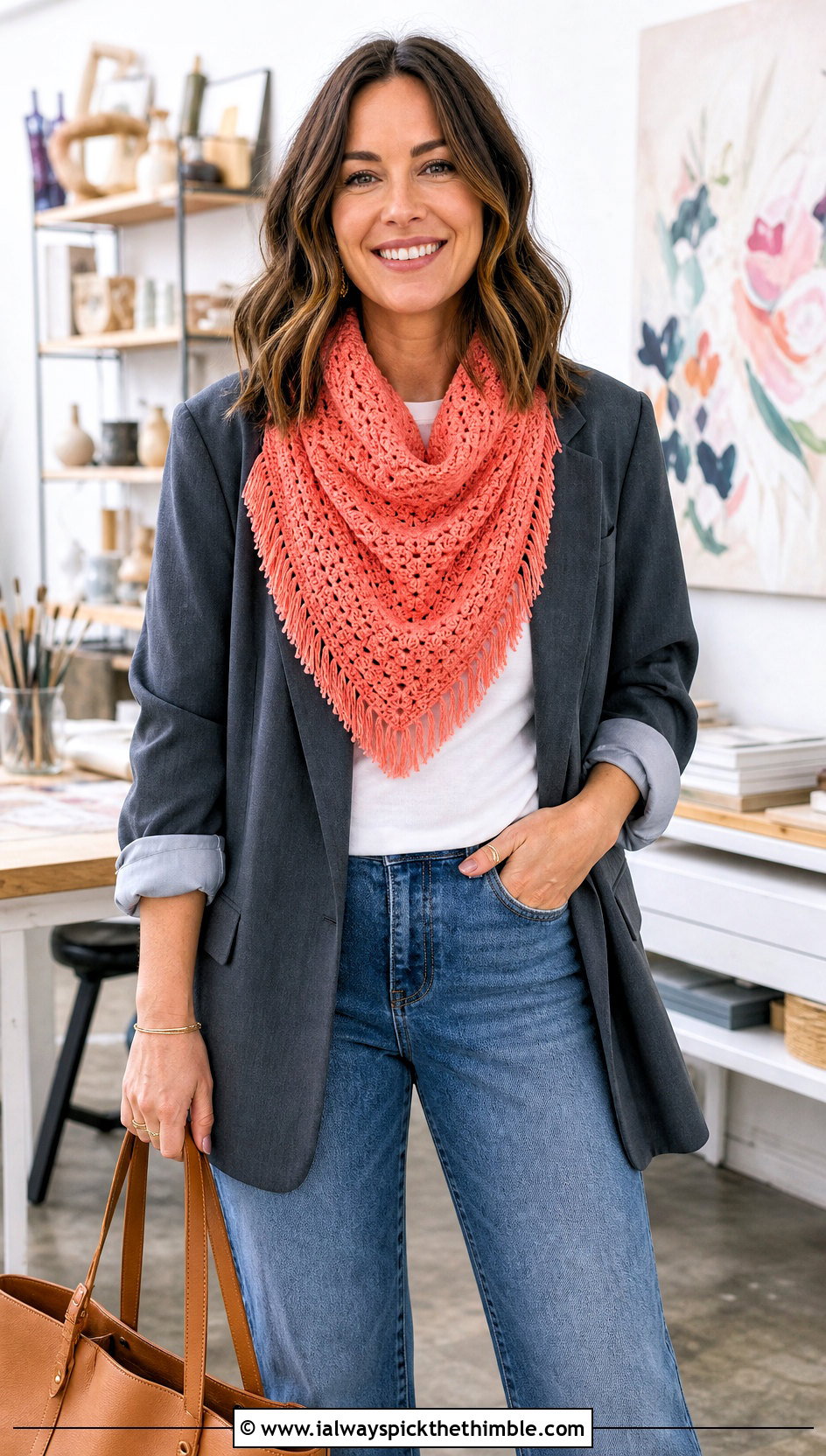 Fringed Triangle Crochet Cowl With Blazer And Jeans - 20 Simple Crochet Cowl outfit ideas