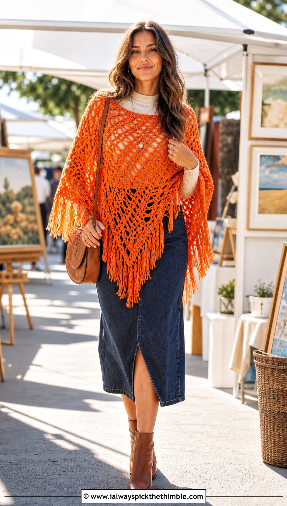 Fringed Triangle Crochet Poncho With Denim Skirt - 20 Easy Simple Crochet Poncho outfit ideas