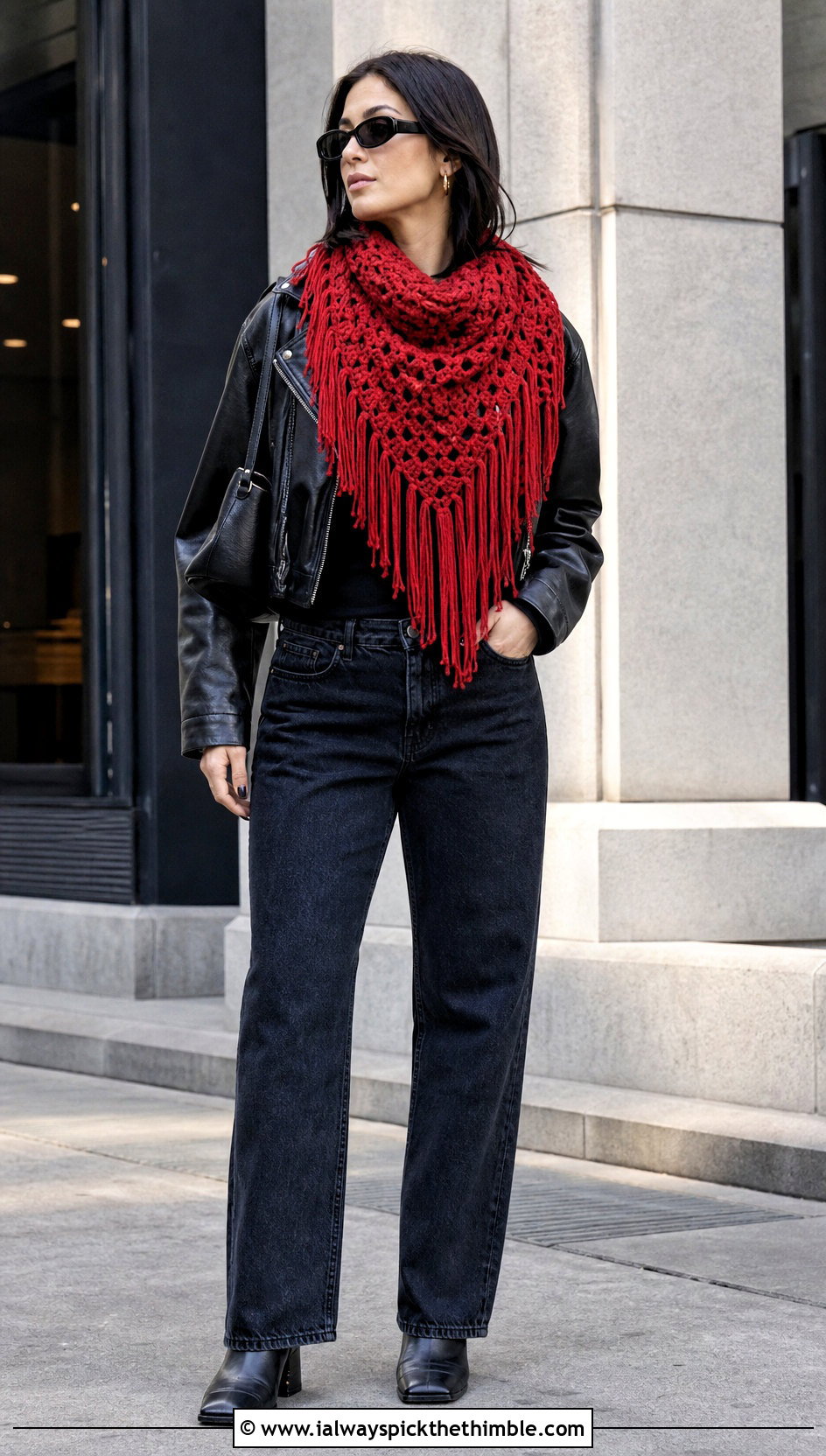Fringed Triangle Crochet Scarf With Leather Jacket - 15 Boho Triangle Crochet Scarf outfit ideas