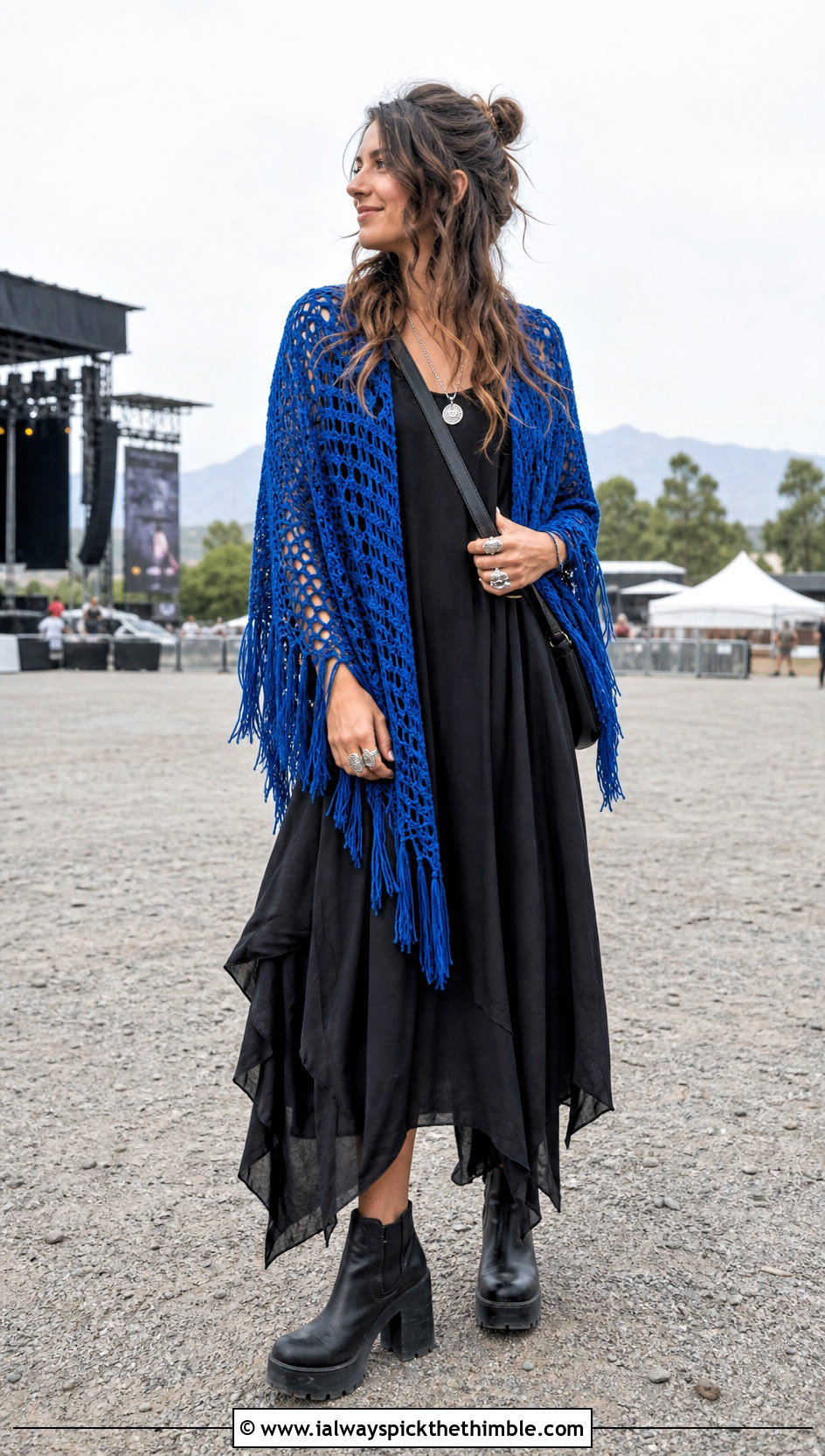 Fringed Triangle Crochet Shawl With Black Maxi Dress - 20 Stevie Nicks Crochet Shawl outfit ideas