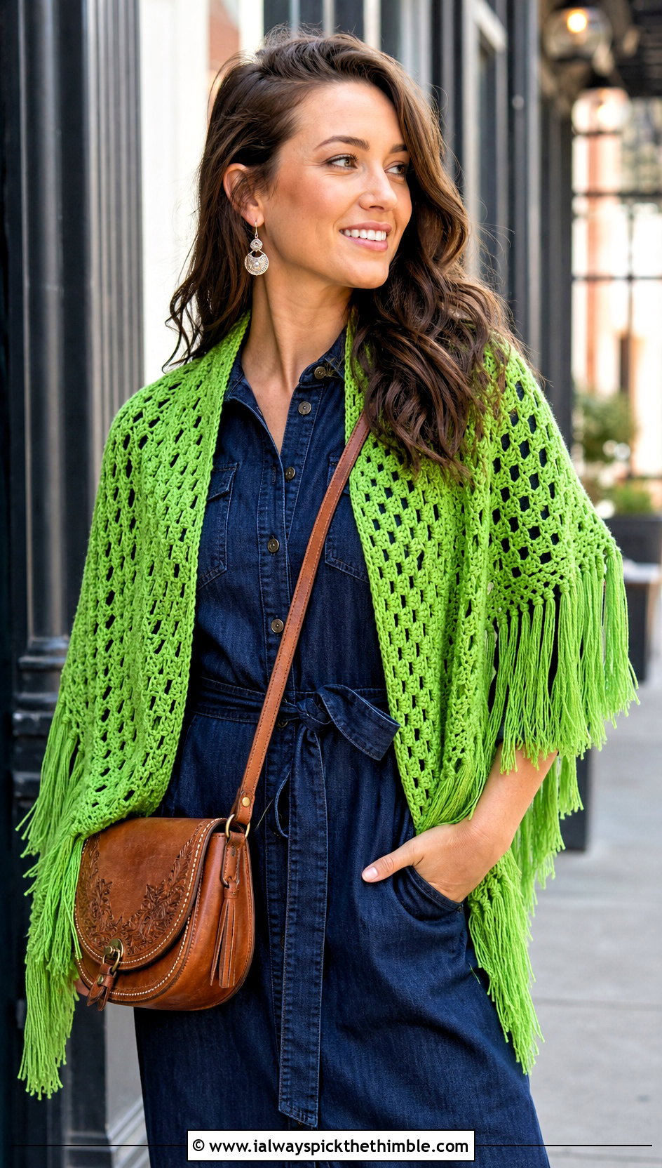 Fringed Triangle Crochet Shawl With Denim Dress - 25 easy simple crochet shawl outfit ideas