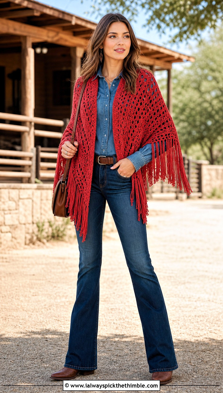 Fringed Triangle Crochet Shawl With Denim Shirt - 20 beautiful crochet shawls and wraps outfit ideas