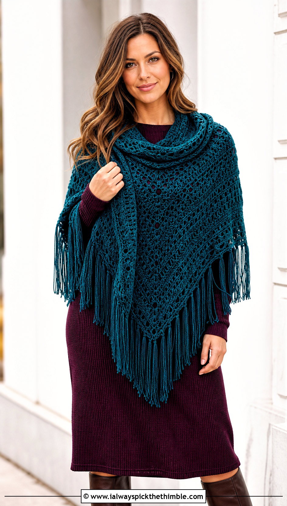 Fringed Triangle Crochet Shawl With Midi Dress And Boots - 20 easy triangle crochet shawl outfit ideas