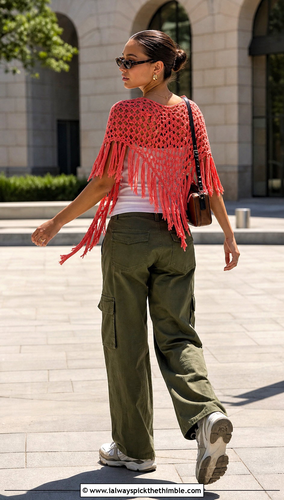 Fringed Triangle Crochet Shawl With Tank And Cargo Pants - 25 easy crochet shawl outfit ideas