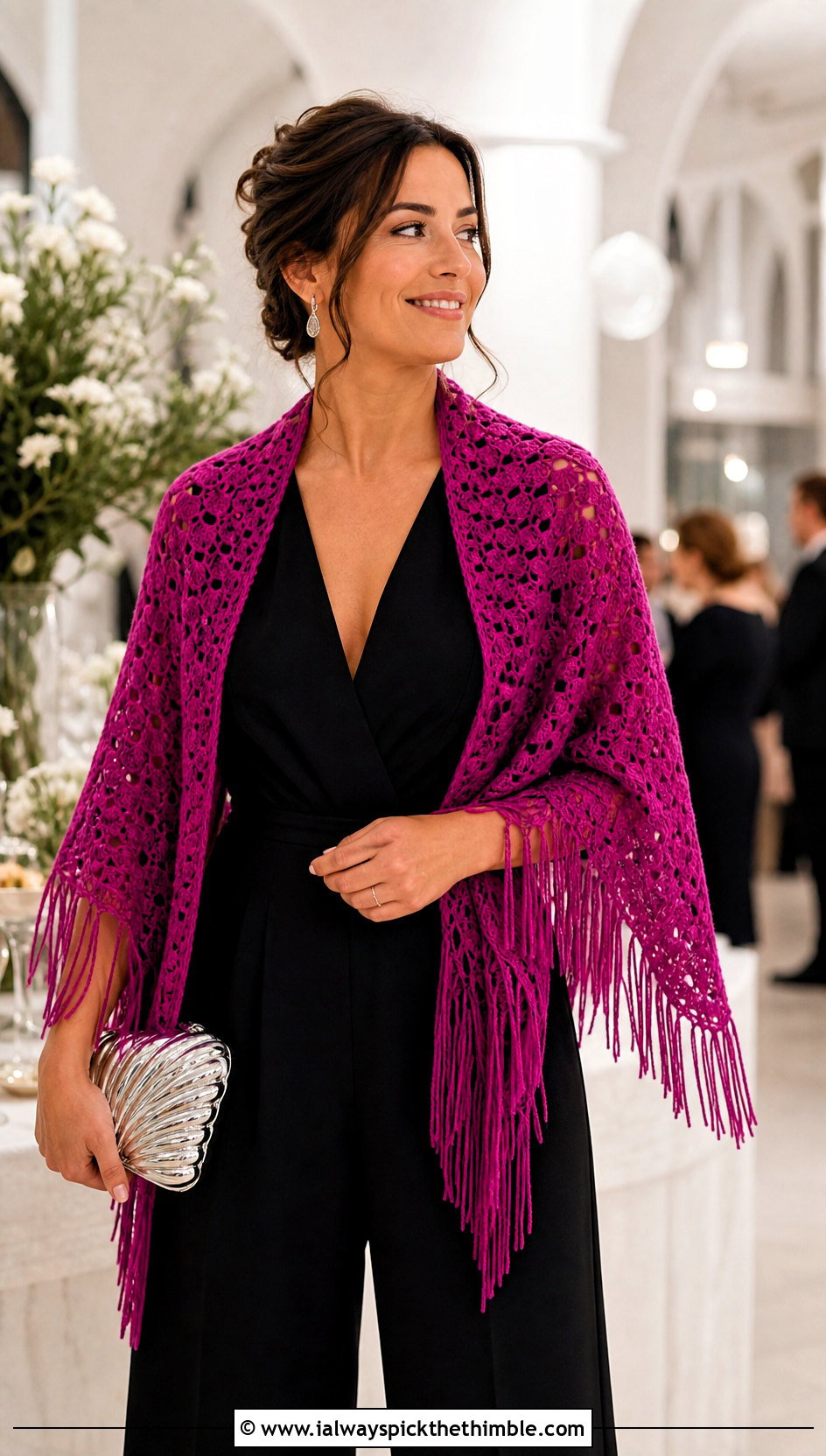 Fringed Triangle Crochet Shawl With Wide Leg Jumpsuit - 20 triangle crochet shawls outfit ideas