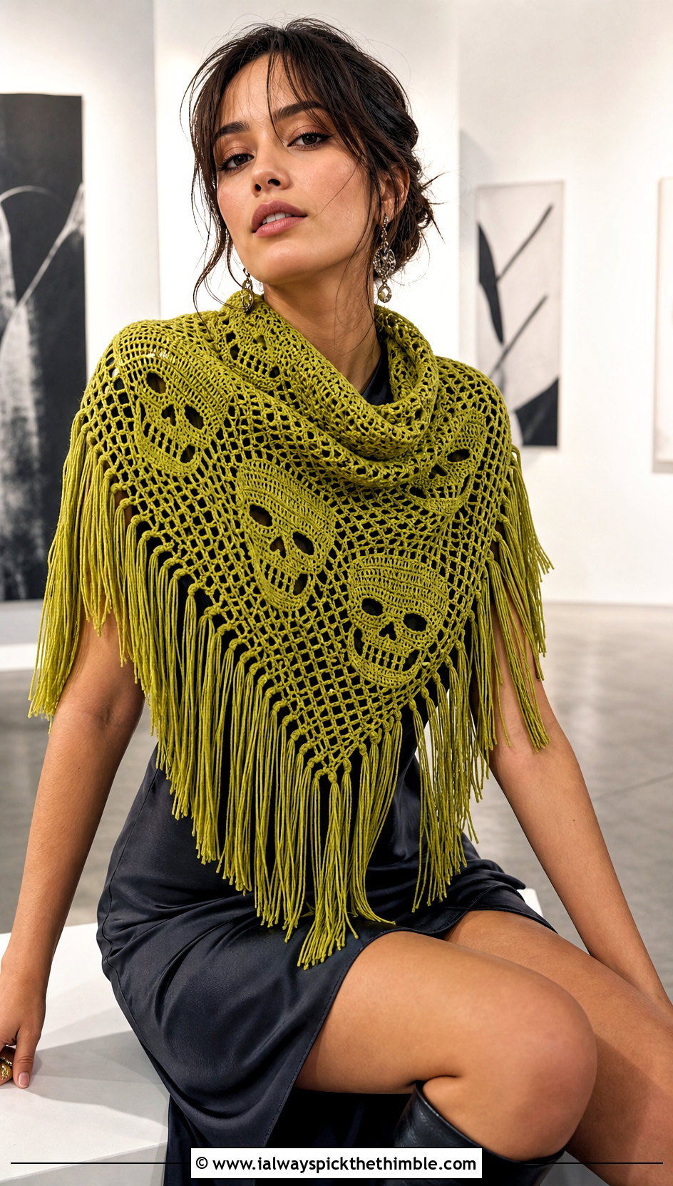 Fringed Triangle Crochet Skull Shawl With Slip Dress - 25 crochet skull shawl outfit ideas