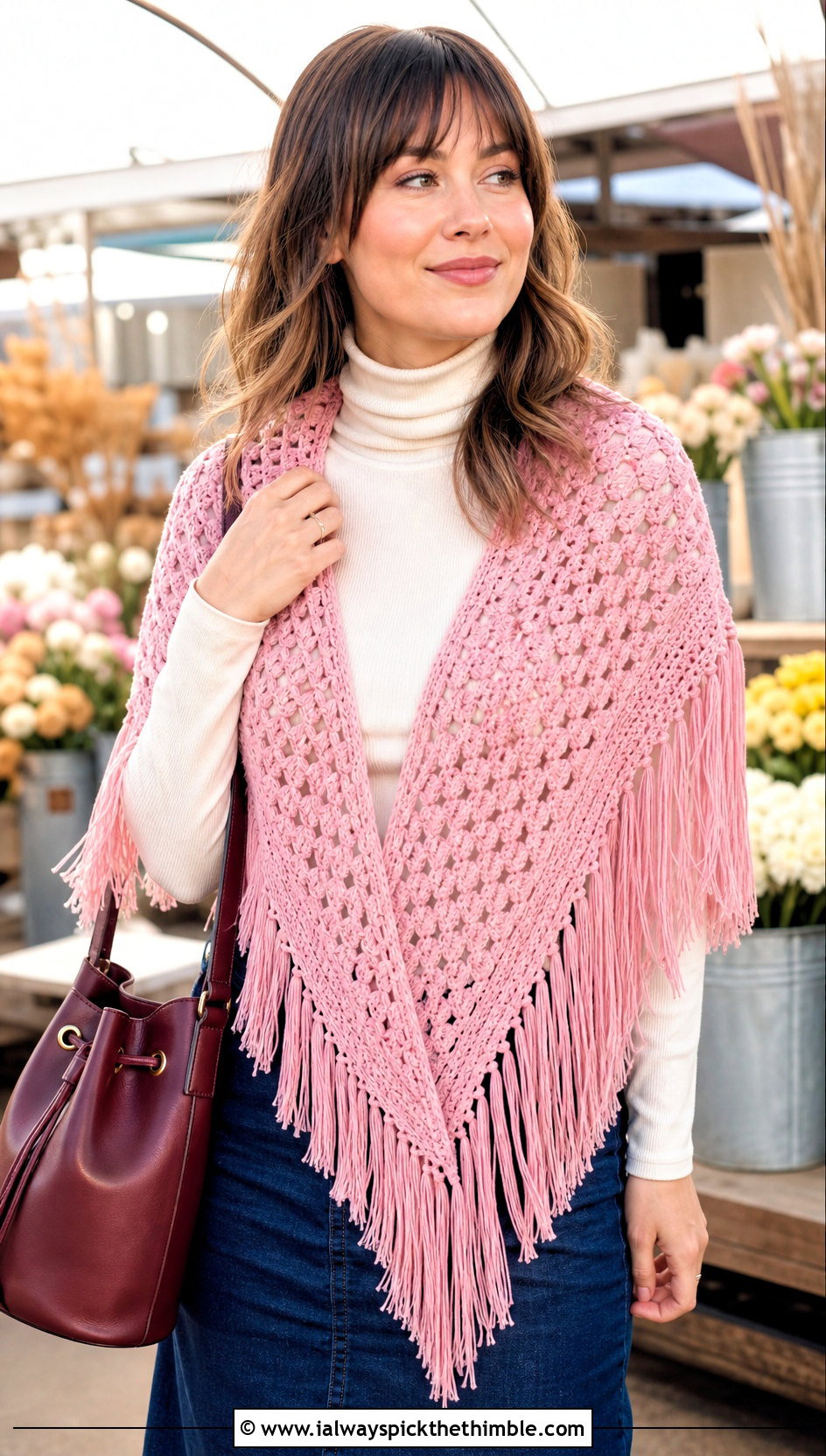 Fringed Triangle Crocheted Shawl With Denim Skirt - 20 Crocheted Shawl outfit ideas