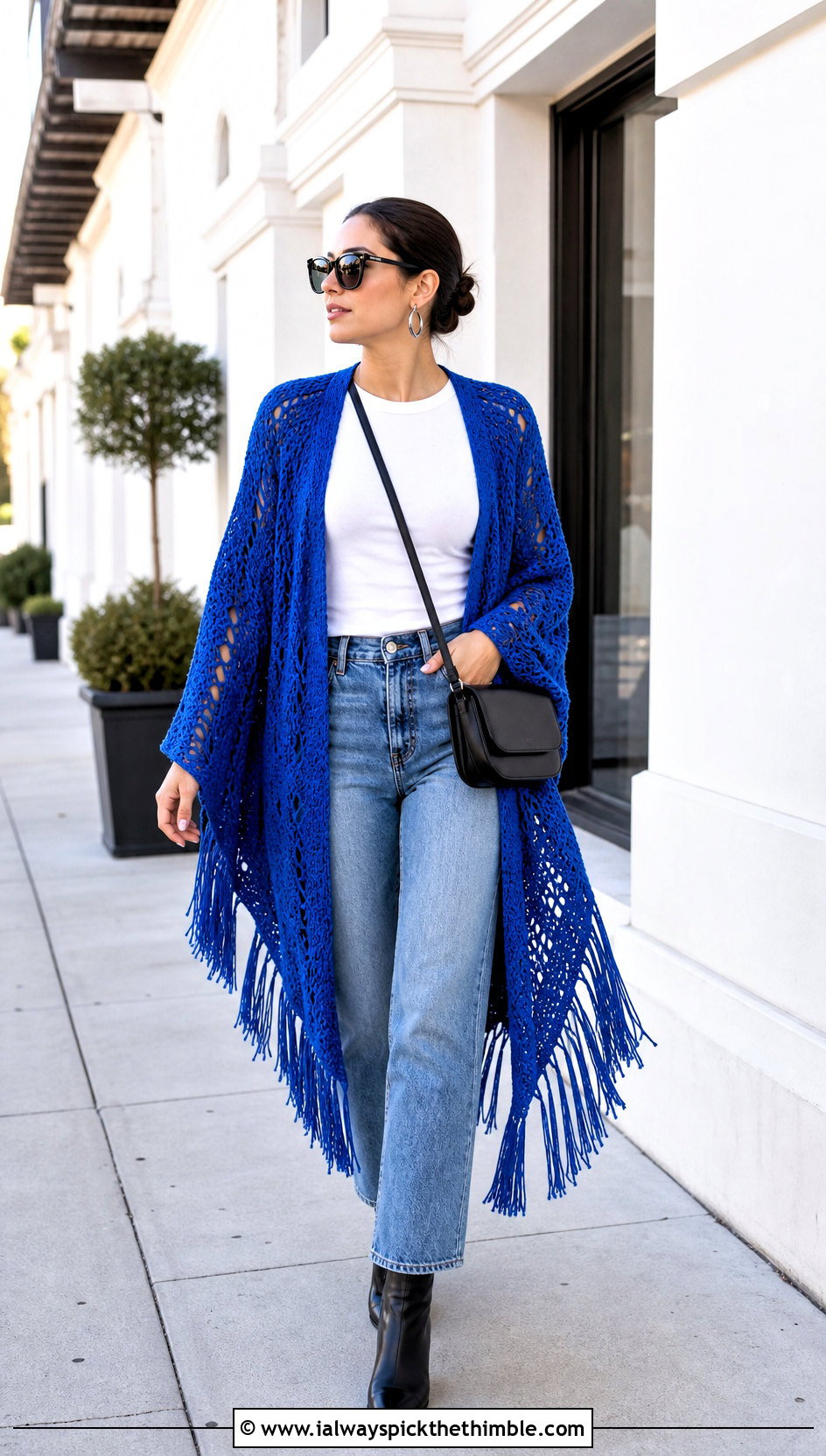 Fringed Triangle Shawl Crochet Cardigan With Straight Jeans - 20 Shawl Crochet Cardigan outfit ideas