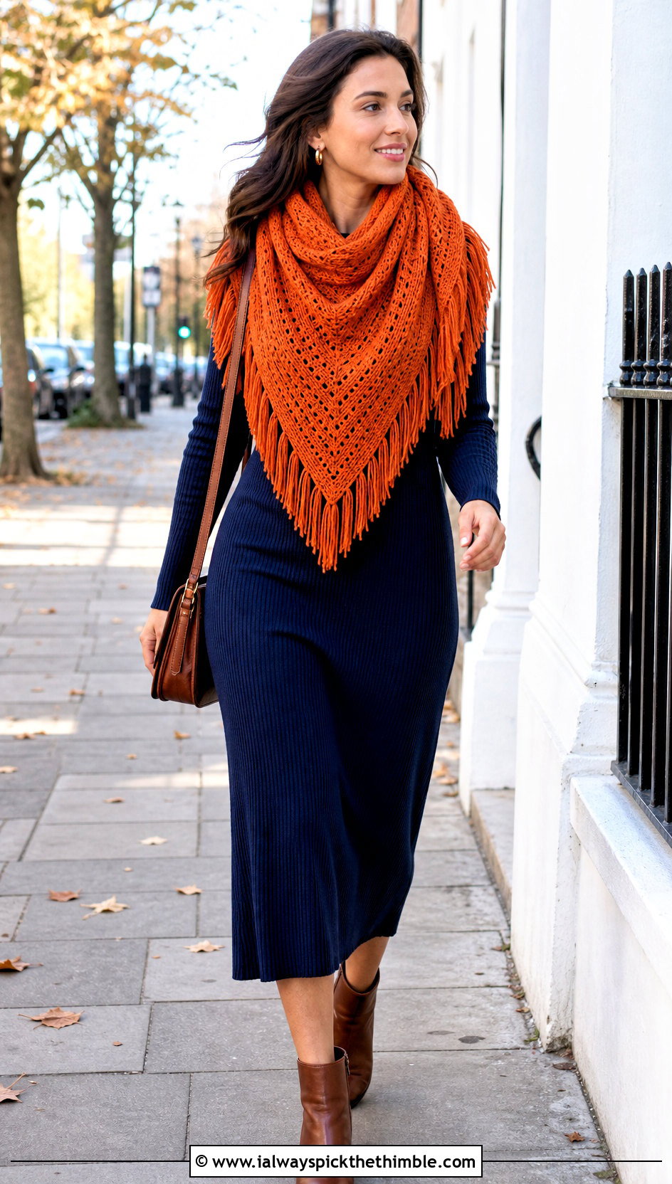 Fringed Triangle Shawl With Midi Dress And Boots - 20 easy crochet triangle shawl outfit ideas