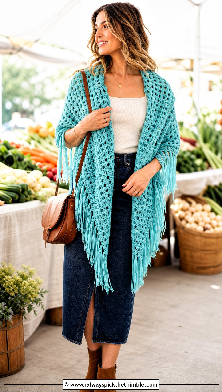 Fringed Triangle Waffle Crochet Shawl With Denim Skirt - 15 Waffle Crochet Shawl outfit ideas