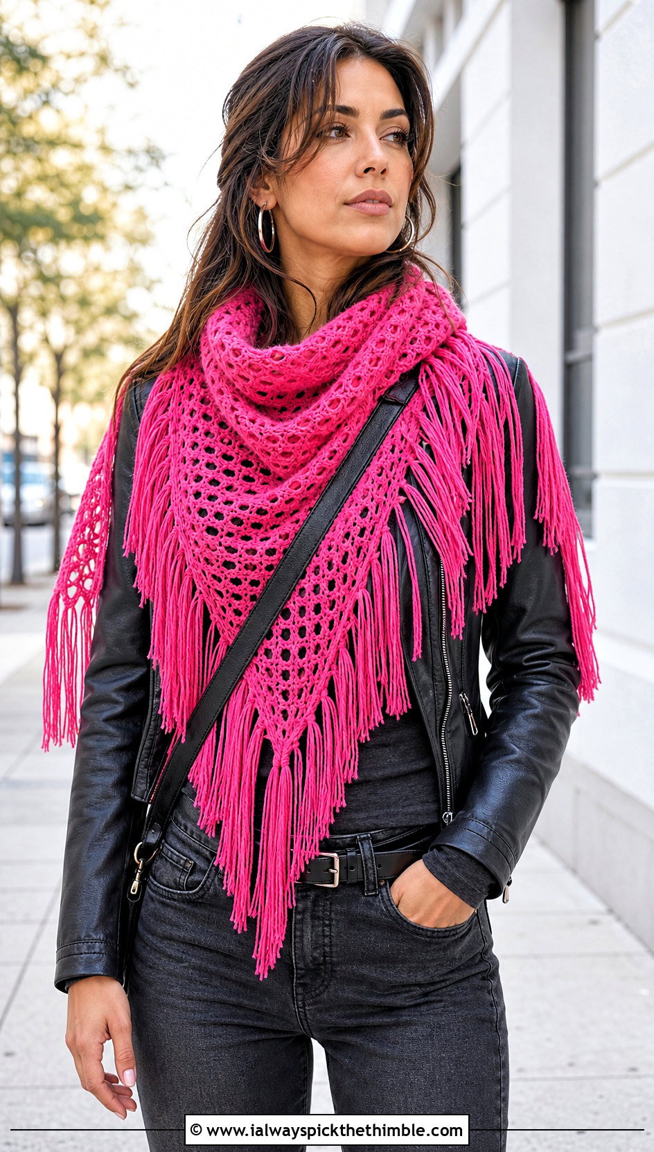 Fringed Triangular Crochet Shawl With Leather Jacket - 20 triangular crochet shawl outfit ideas