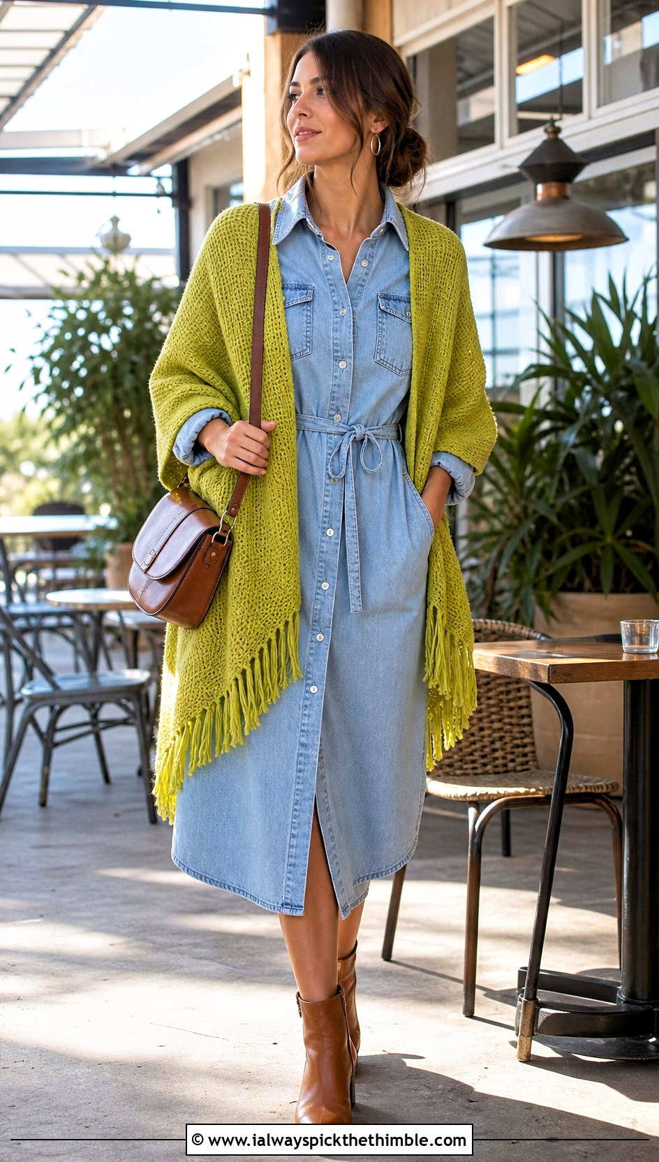 Fringed Tunisian Crochet Wrap With Shirt Dress - 20 Tunisian Crochet Wrap outfit ideas