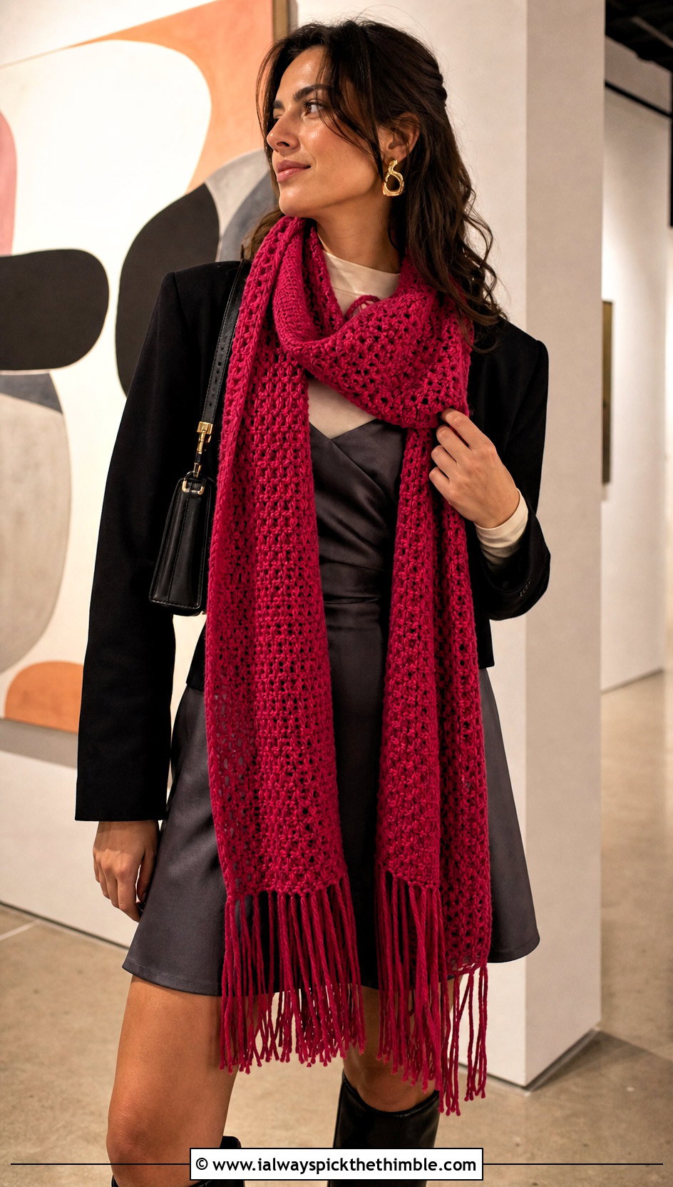 Fringed Tunisian Scarf With Slip Dress And Boots - 20 Easy Tunisian Crochet Scarf outfit ideas