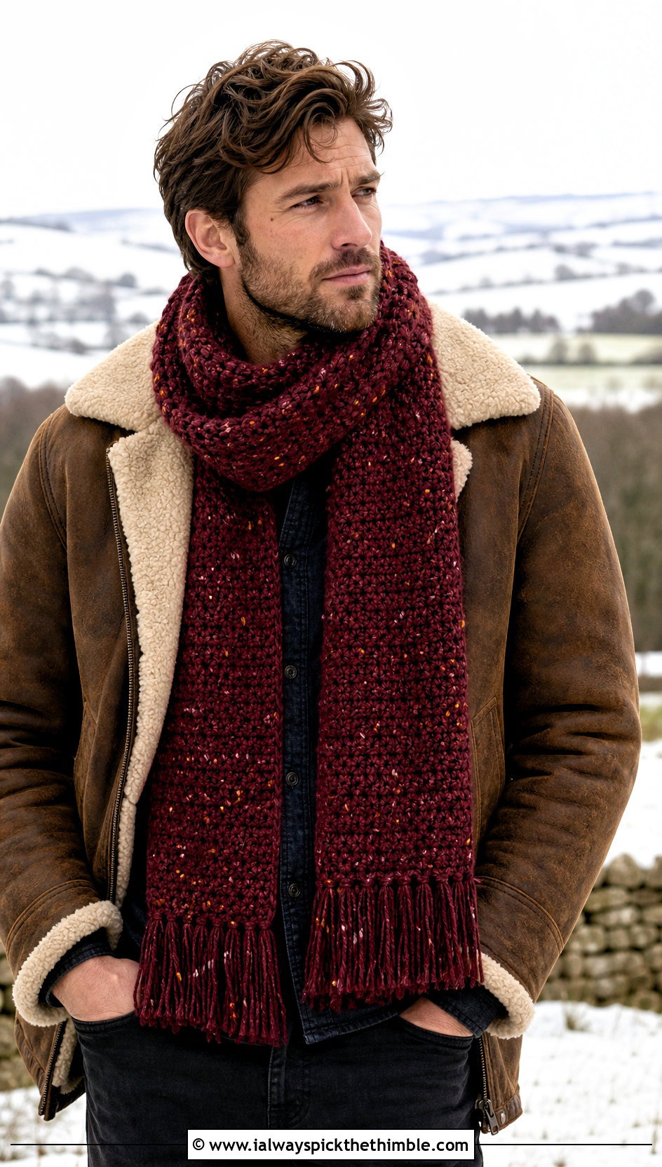 Fringed Tweed Crochet Scarf With Shearling Jacket - 15 Tweed Men's Crochet Scarf outfit ideas