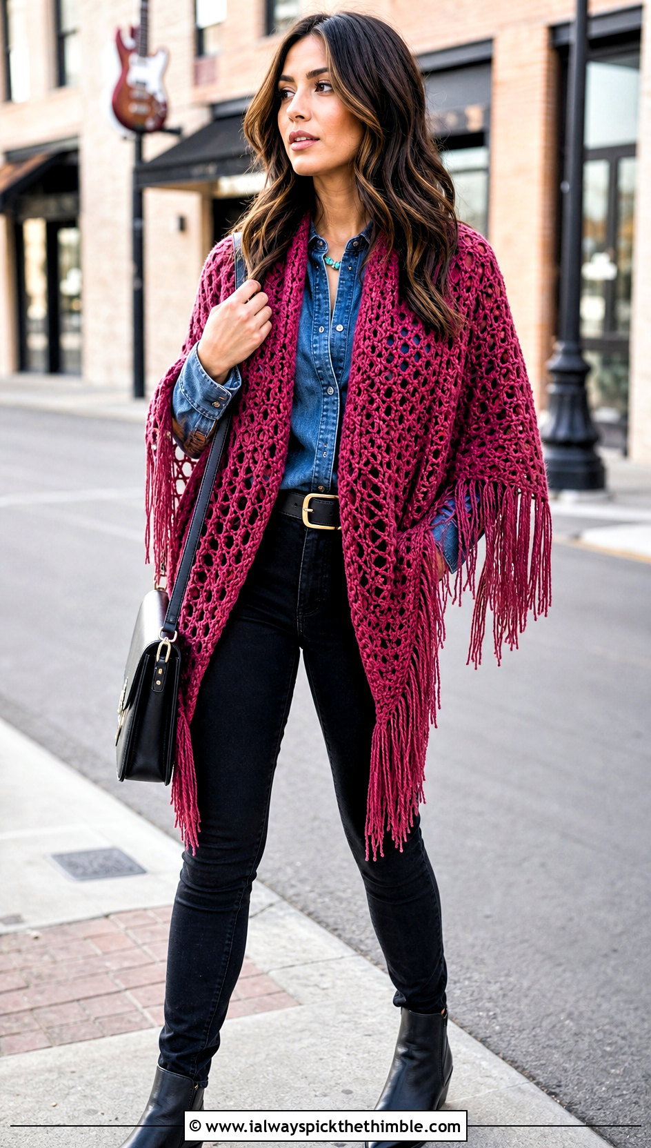 Fringed V Shaped Crochet Winter Shawl With Denim Shirt - 15 Crochet Winter Shawl outfit ideas