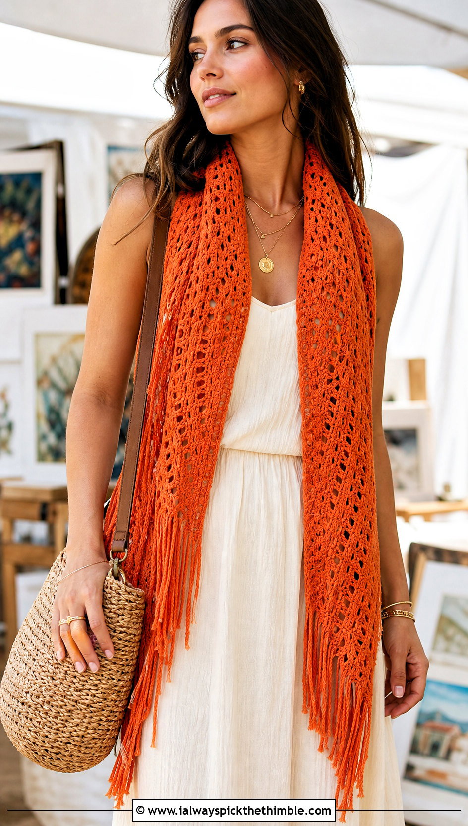 Fringed V Stitch Crochet Scarf With Maxi Dress - 20 v stitch crochet scarf outfit ideas