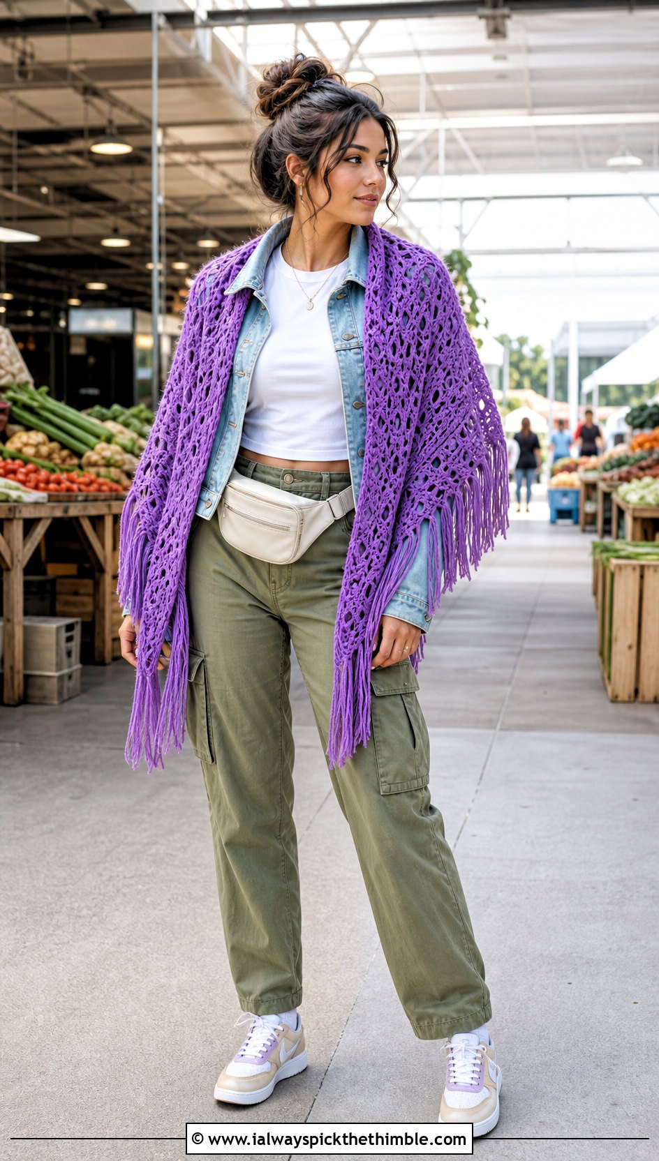 Fringed V Stitch Crochet Shawl With Denim Jacket And Cargo Pants - 20 V Stitch Crochet Shawl outfit ideas
