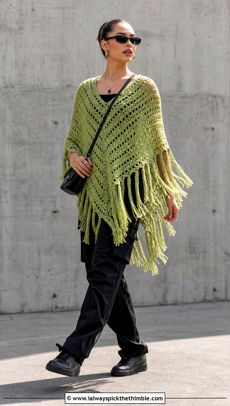 Fringed V Stitch Poncho With Cargo Pants - 15 Crochet Lace Poncho On Hanger outfit ideas