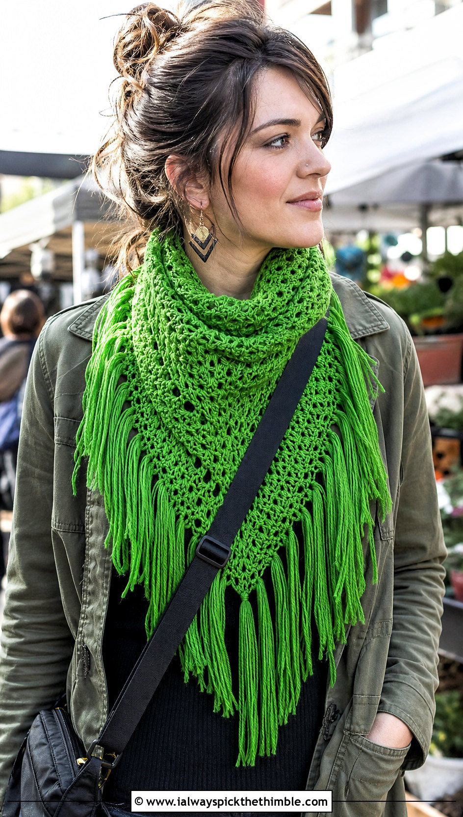 Fringed V Stitch Scarf With Utility Jacket - 20 crochet v stitch scarf outfit ideas