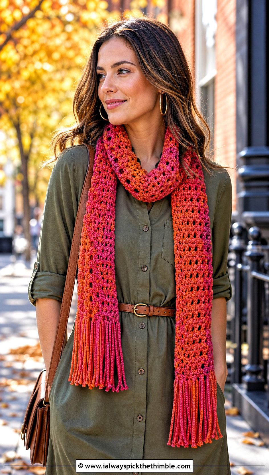 Fringed Variegated Crochet Scarf With Shirt Dress - 20 Variegated Yarn Crochet Scarf outfit ideas
