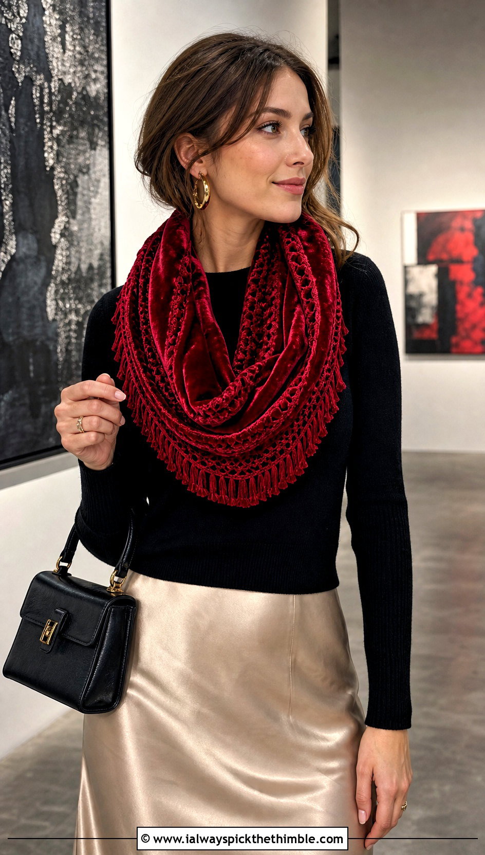 Fringed Velvet Crochet Scarf With Satin Skirt - 20 Velvet Crochet Scarf outfit ideas