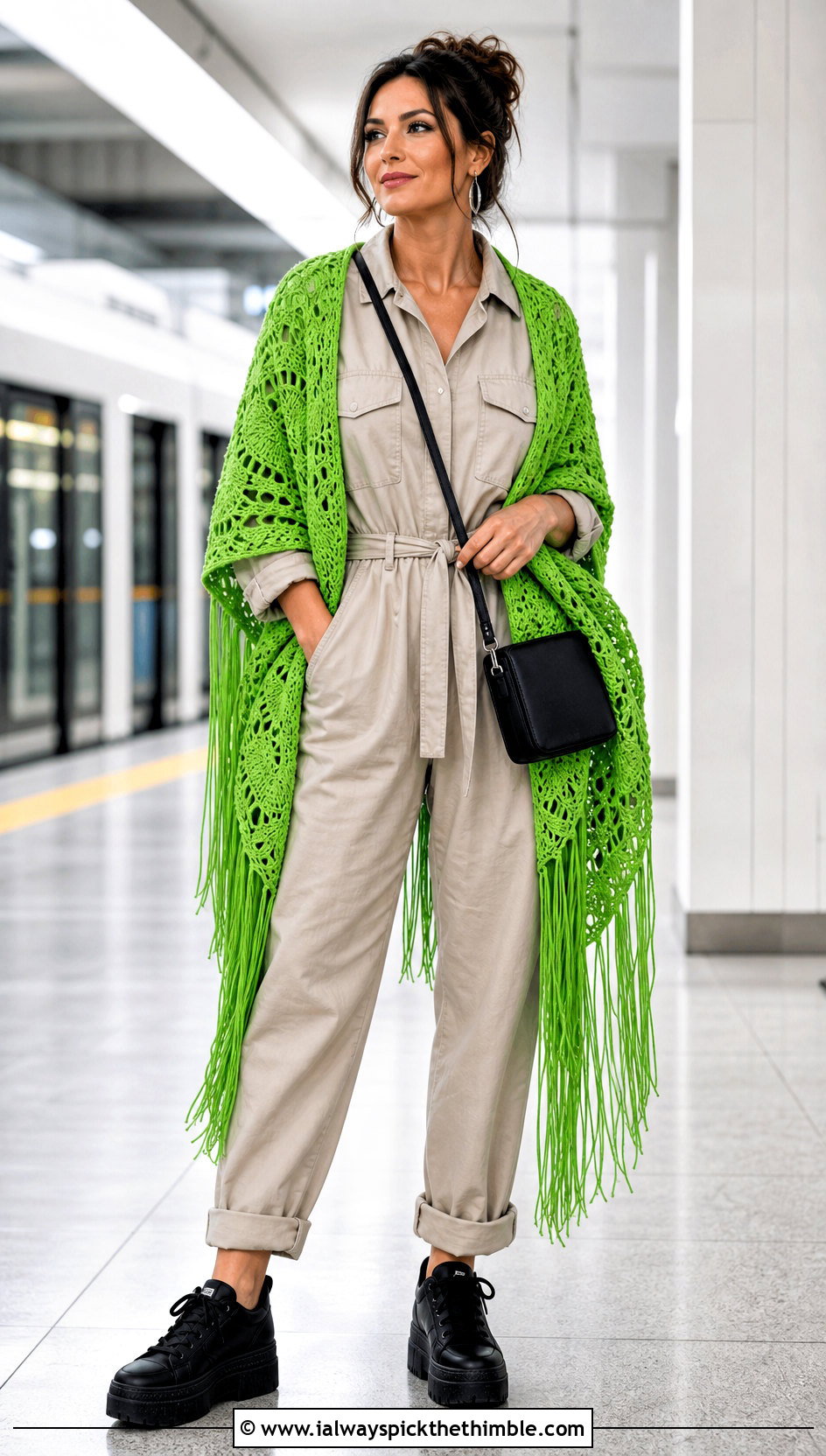 Fringed Virus Shawl With Utility Jumpsuit - 25 crochet virus shawl outfit ideas