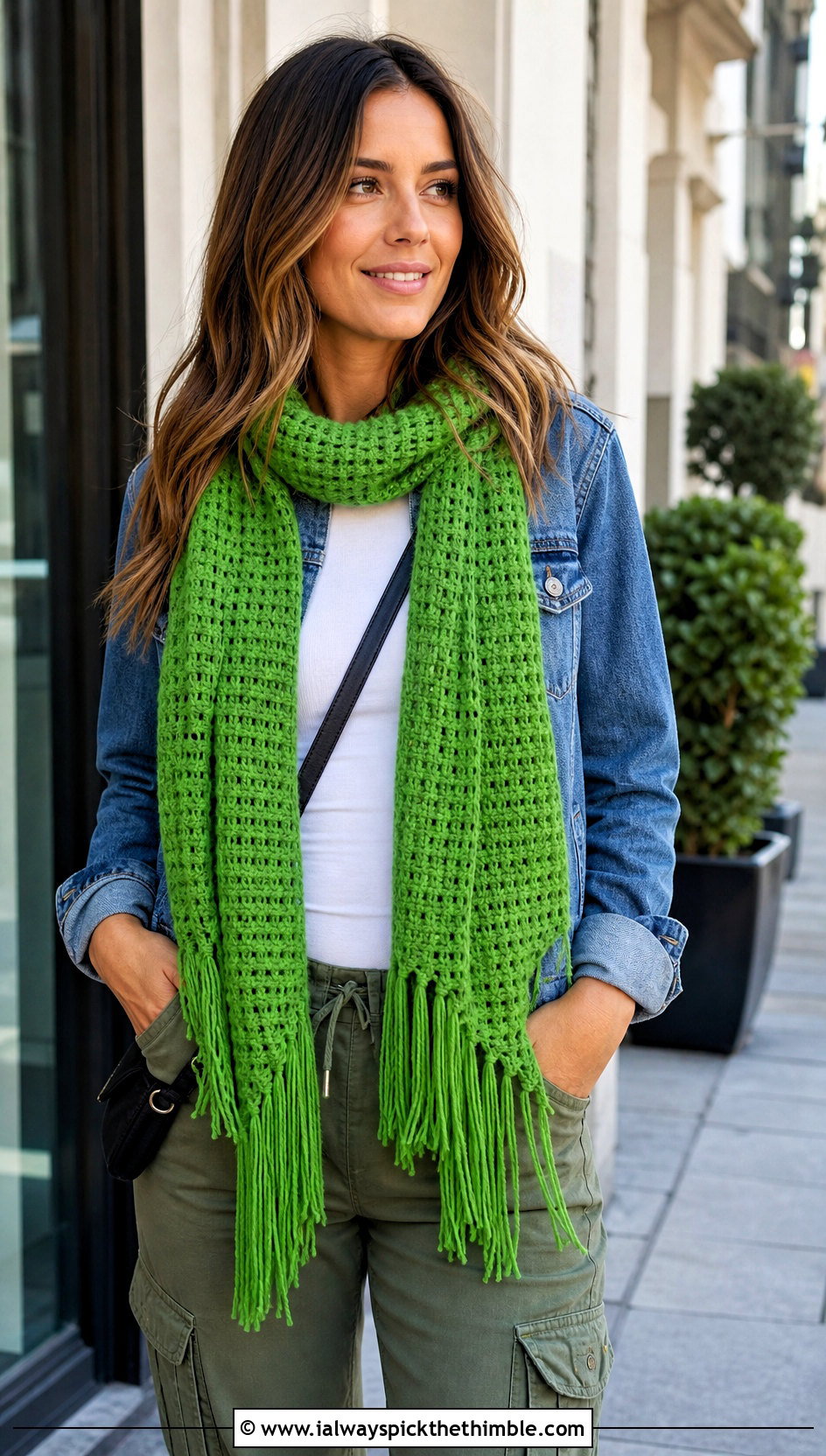 Fringed Waffle Crochet Scarf With Denim Jacket And Cargo Pants - 20 Waffle Crochet Scarf outfit ideas